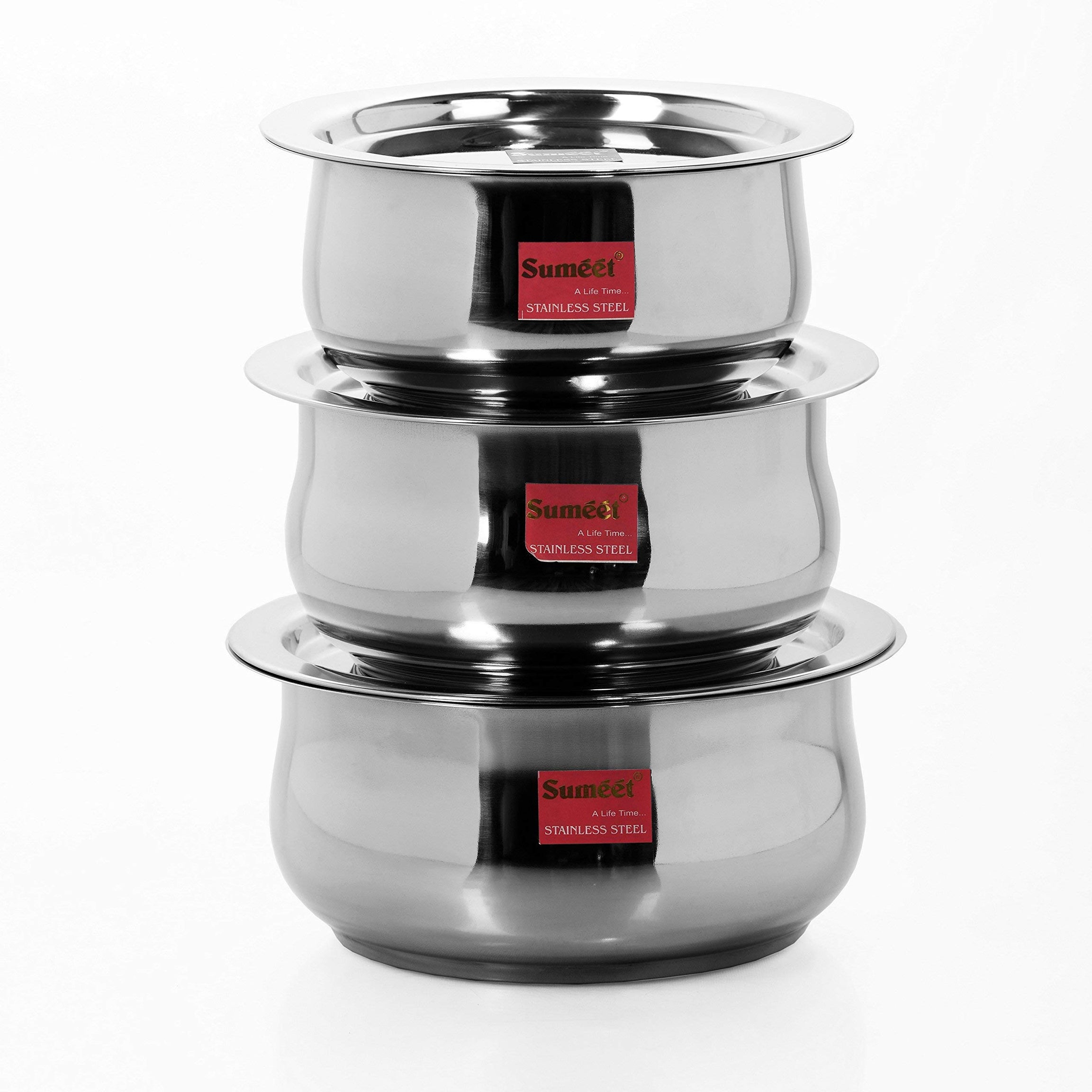 Sumeet Stainless Steel Belly Shape 3 Pc Tope/Cookware/Pot Set with Lid 380ML, 500ML, 780ML, (Silver)