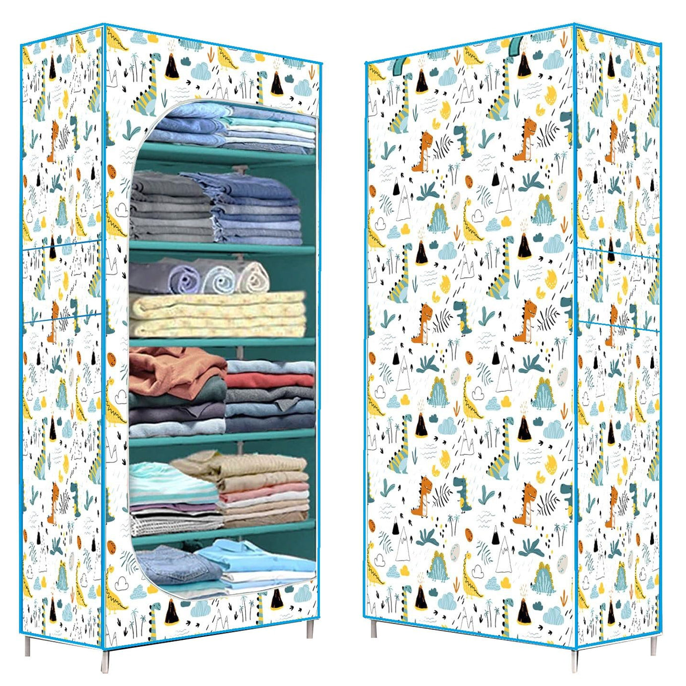 HEGZI Plastic Baby Wardrobe For Clothes Multipurpose 6 Shelves, Unbreakable Material, Portable Cloth Storage Rack, Foldable Almirah For Clothes, Dino Print, Pack Of 1