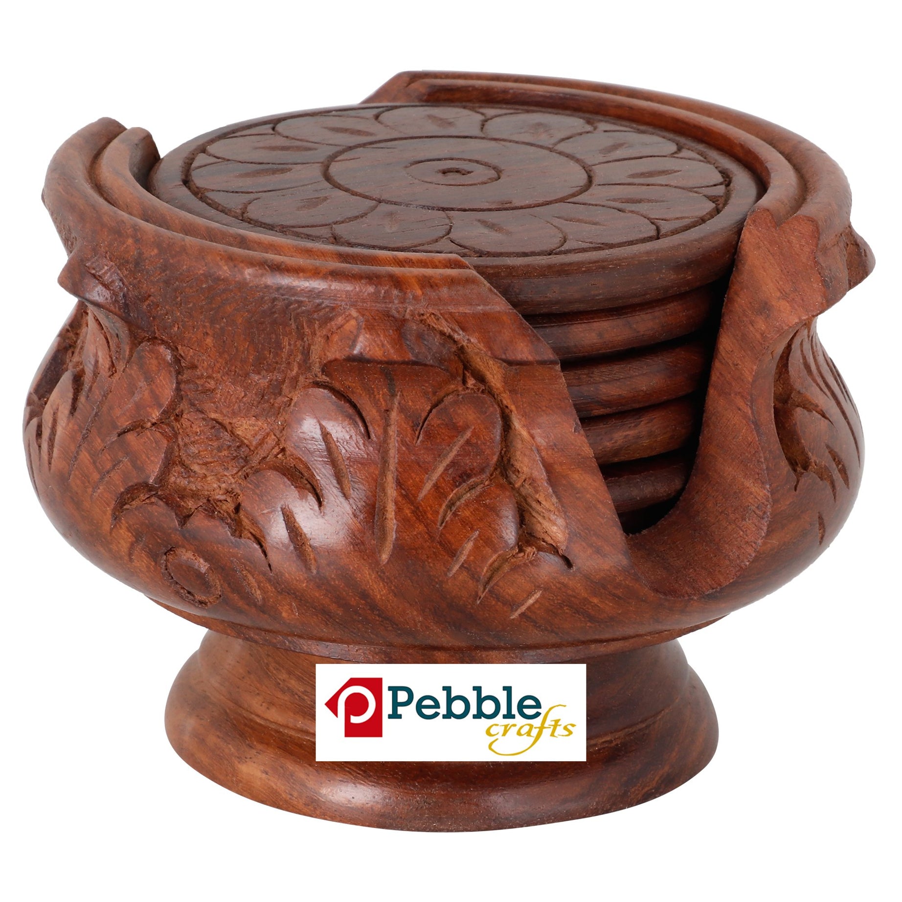 PEBBLECRAFTS Wooden Handmade Carved Set of 6 with Decorative Holder Tabletop Coasters for Cups Set of 6 Tea Coffee Cups Mugs Beer Cans Bar Glass Indian Handicrafts