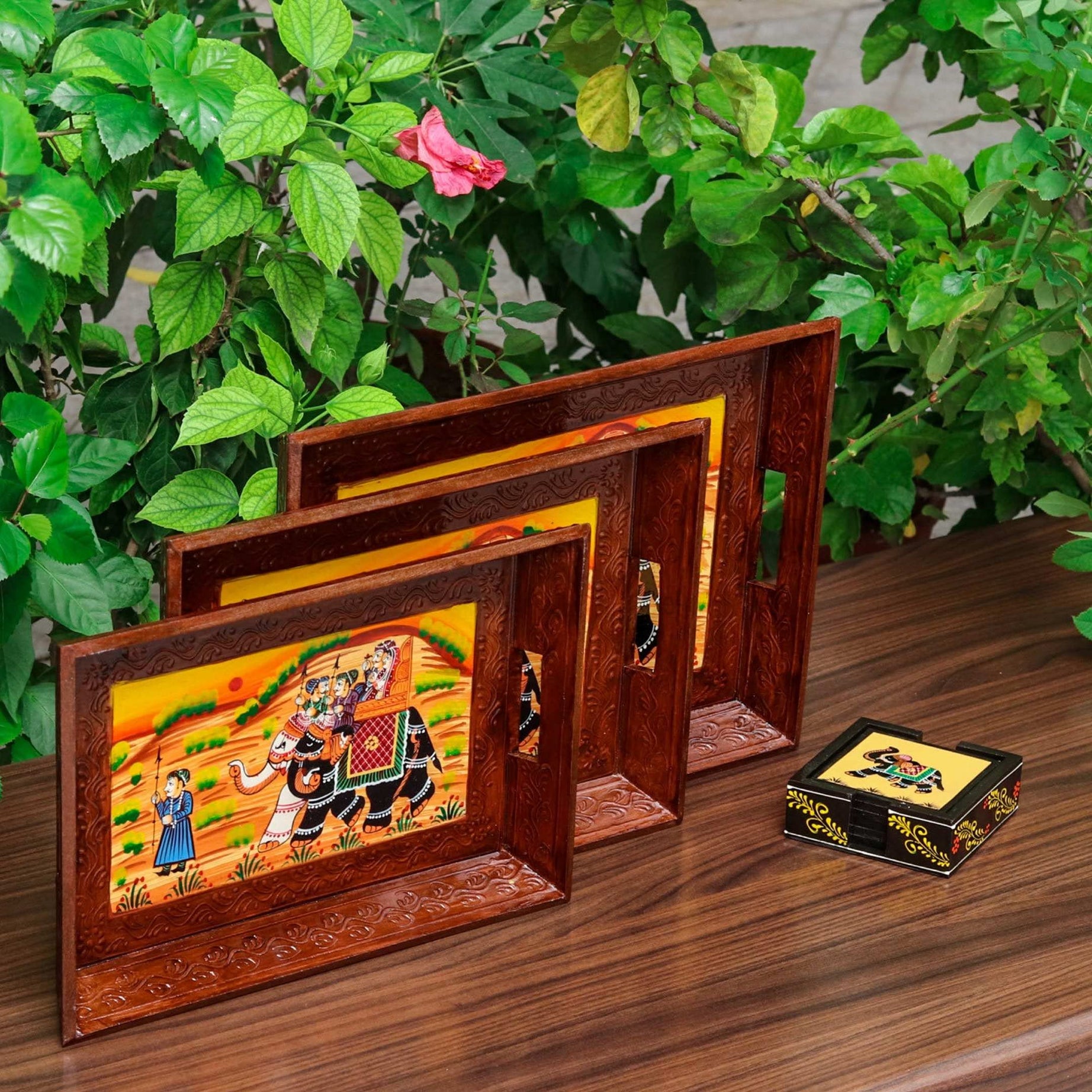 Swadeshi Blessings Wooden Serving Tray Set- Handcrafted & Hand-Painted for Kitchen/Table & Home Decor/Dinning/Gifts/Restaurants/Living Room/Coffee Table (Set of 3 Trays) (Brown),Rectangular