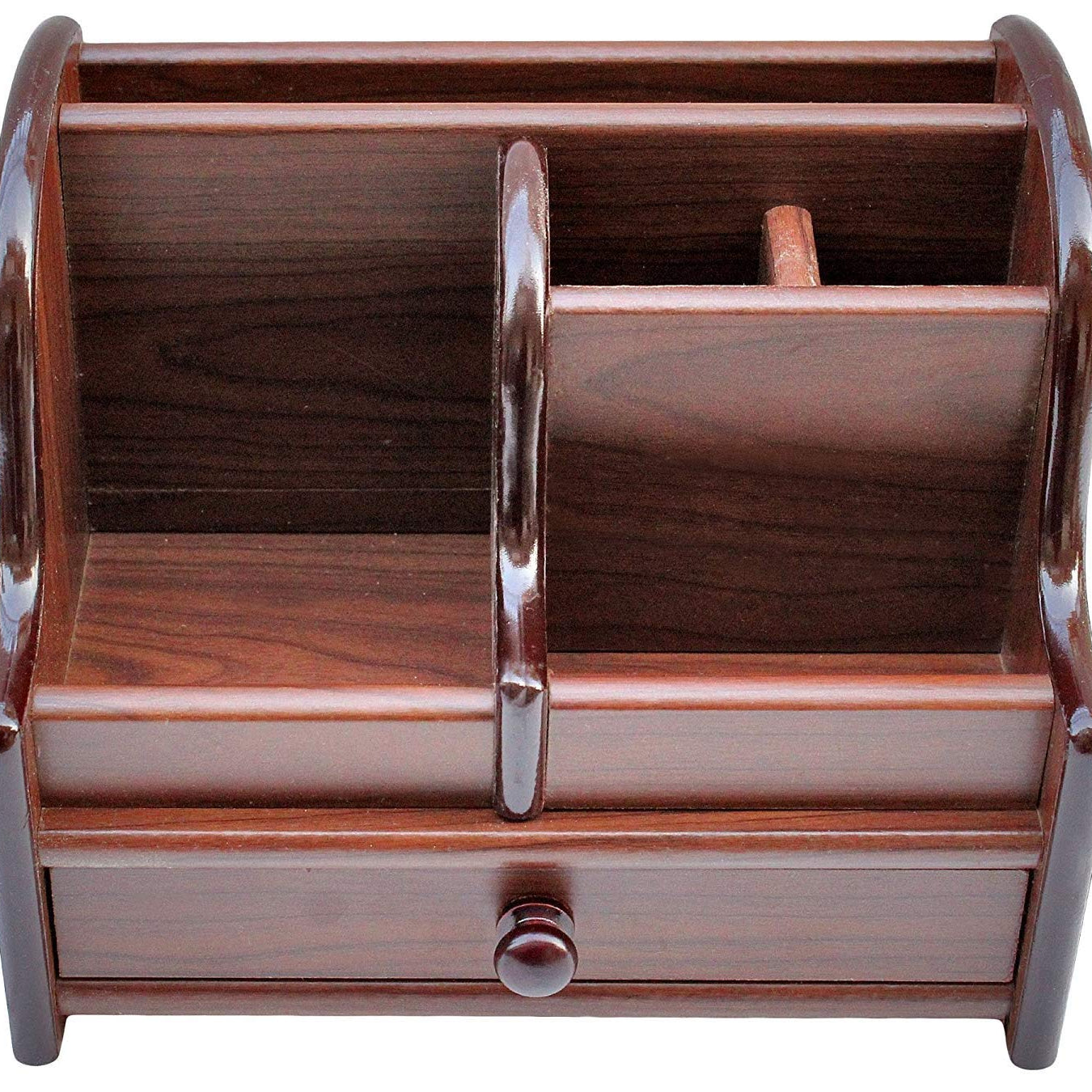 JIGVA Office Desktop Table Organizer Polished Wooden Pen Stand Big Size With Drawer 6 Compartments Pen Stand/Pencil Stand Desk Organizer (Brown), Cosmetics