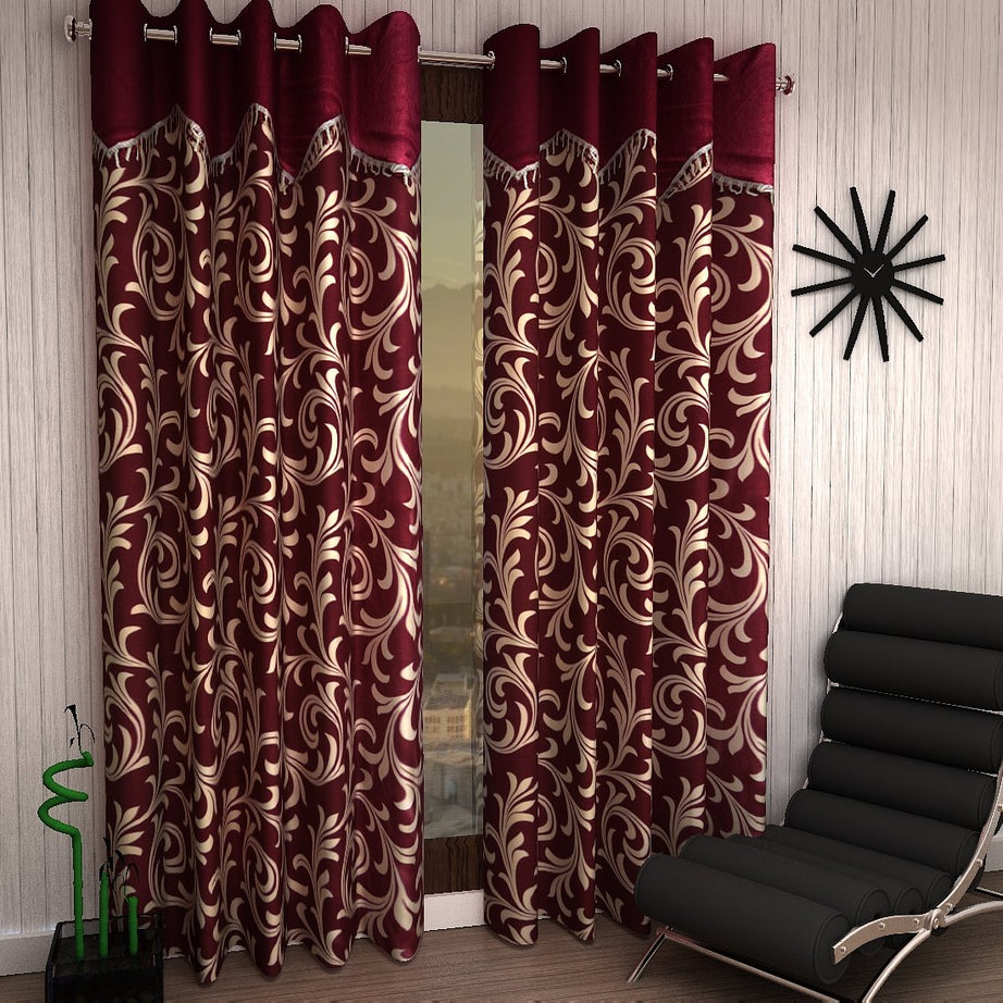 Home Sizzler 2 Piece Eyelet Polyester Scroll Frill Window Curtain Set - 5ft, Maroon