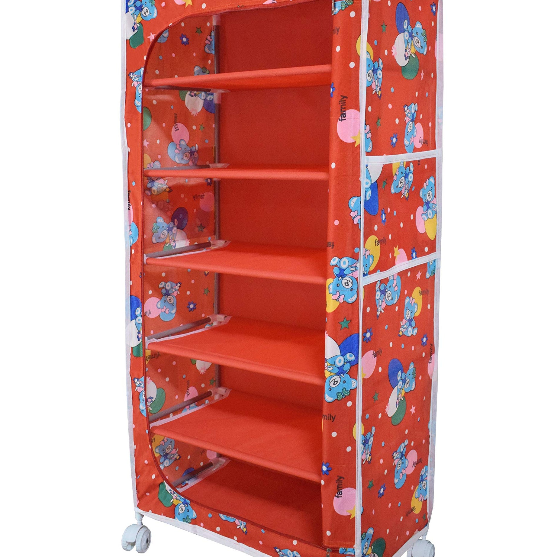 FLIPZON Multipurpose 6 Shelve Baby Wardrobe (Fabric Shelves) - Red (Iron)