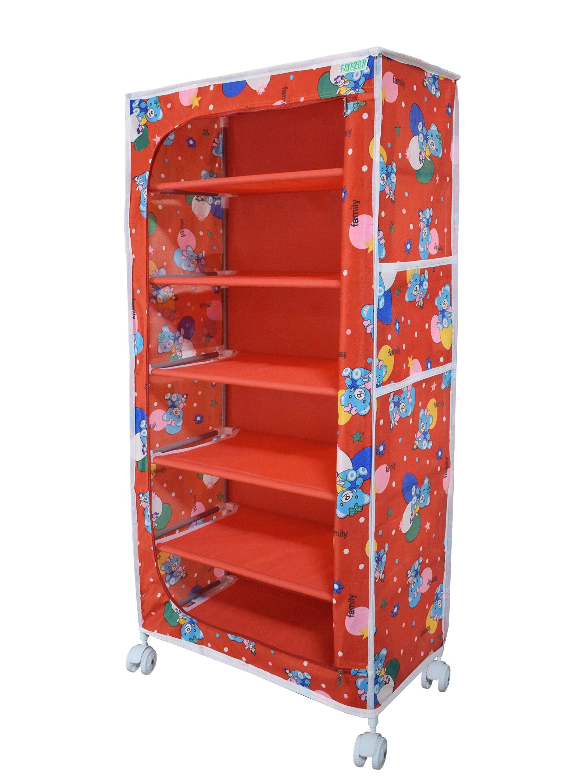 FLIPZON Multipurpose 6 Shelve Baby Wardrobe (Fabric Shelves) - Red (Iron)