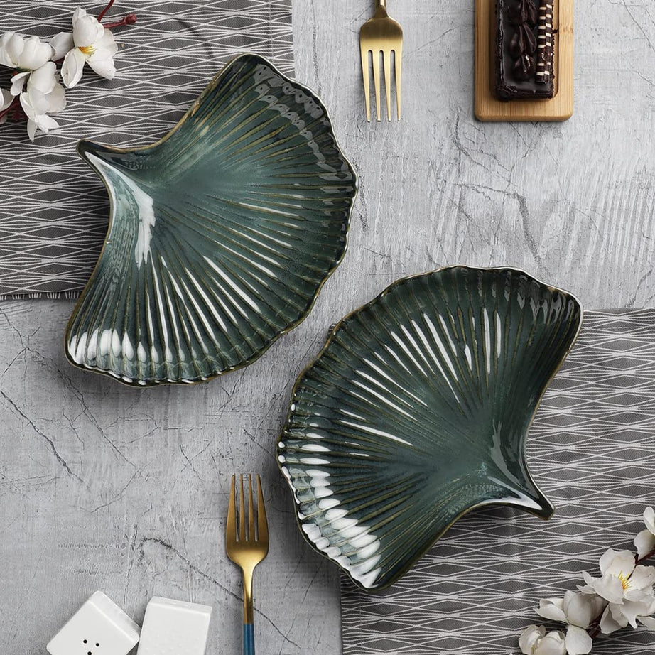 The Decor Lane Peacock Exotic Glazed Leaf Ceramic Platter Serving Platters Ceramic for Snacks Serving Platters & Ceramic Plates Serveware (Set of 2, Microwave Safe, Dishwasher Safe) (Green)