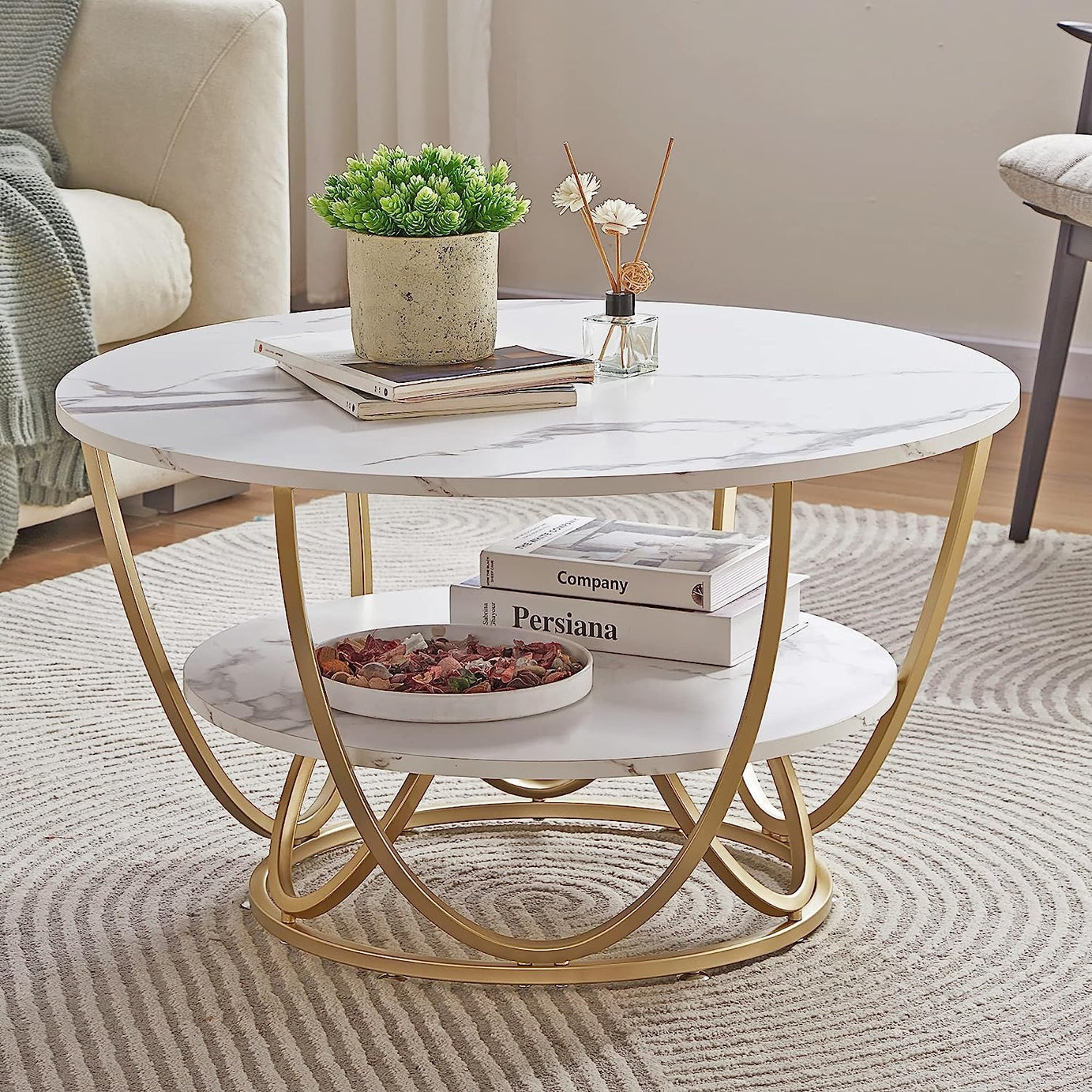 EDEUEQUE Round Coffee Table Modern Sofa Side Table for Living Room End Table Telephone Table with 2 Shelf Storage Wooden Tabletop-Marble White Print with Gold Frame.