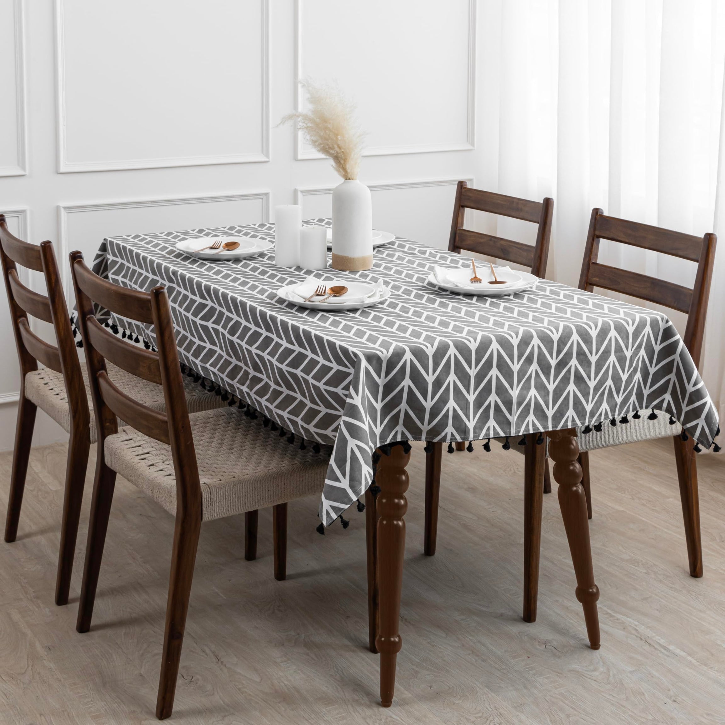 HOMEMONDE Cotton Table Cloth for 4 seater Dining Table - Rectangular 40 x 60 Inch Centre Table Cover, All Around Tassels Table Cloth - Grey