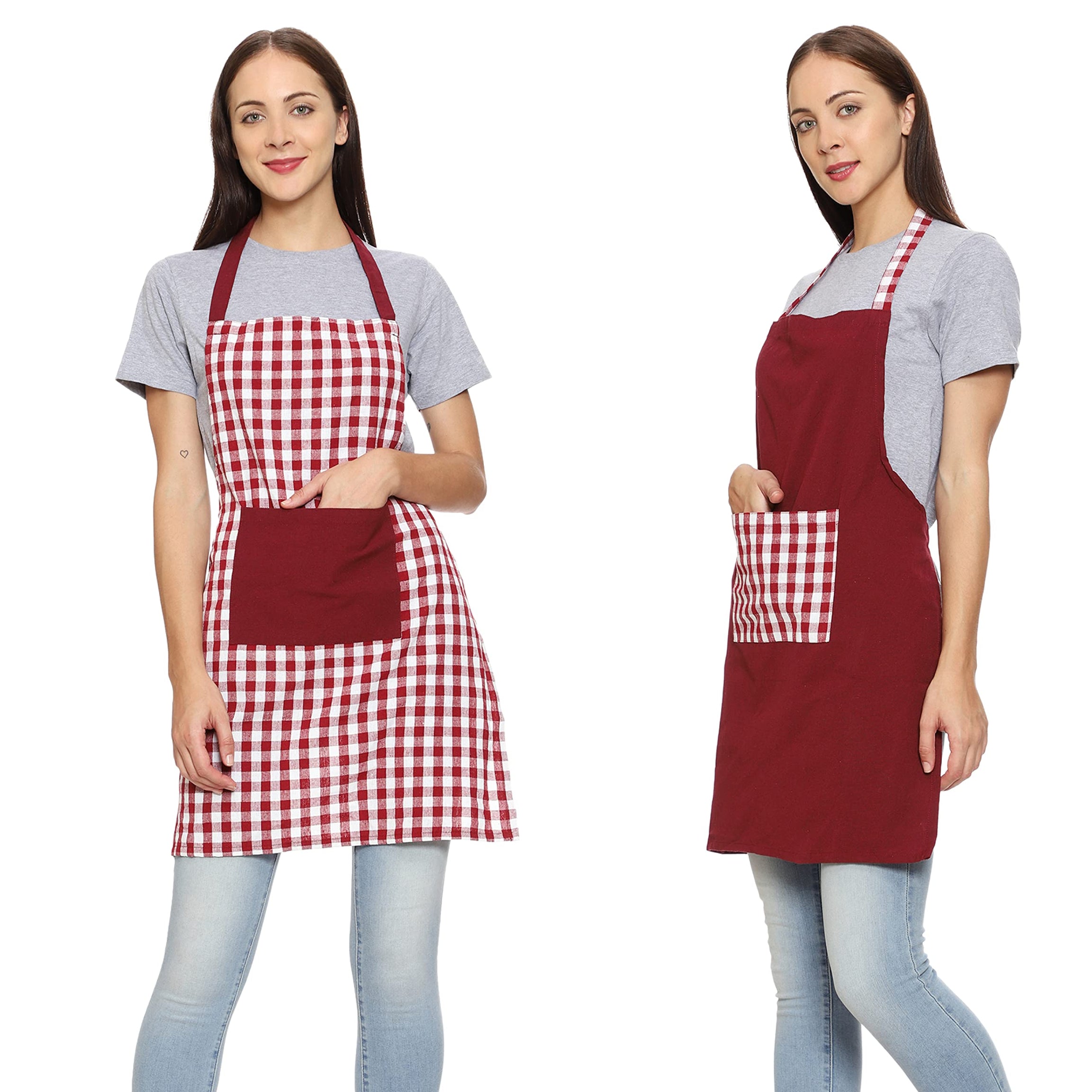 PATVY kitchen apron - premium cotton cooking dress with front centre pocket - essential kitchen accessories for women & men (Pack of 2, Maroon Combo)