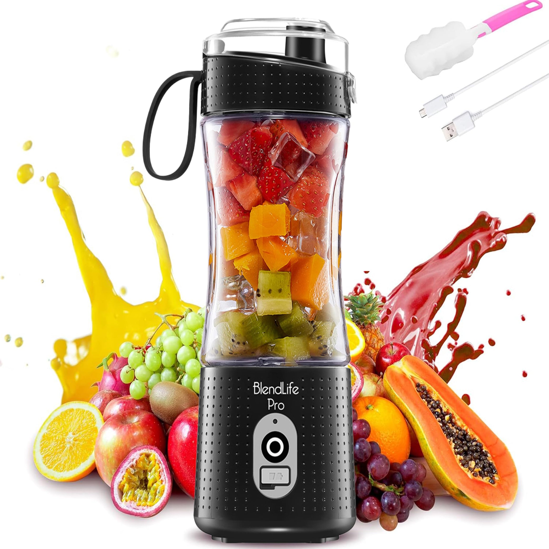 BlendLife Pro Portable Blender With Sipper for Juices, Shakes, Smoothies, Baby Food, Crushes Hard Ingredients, 210W Motor, 4000mah USB Rechargeable Battery, 400ml, 1-Year Warranty - Black