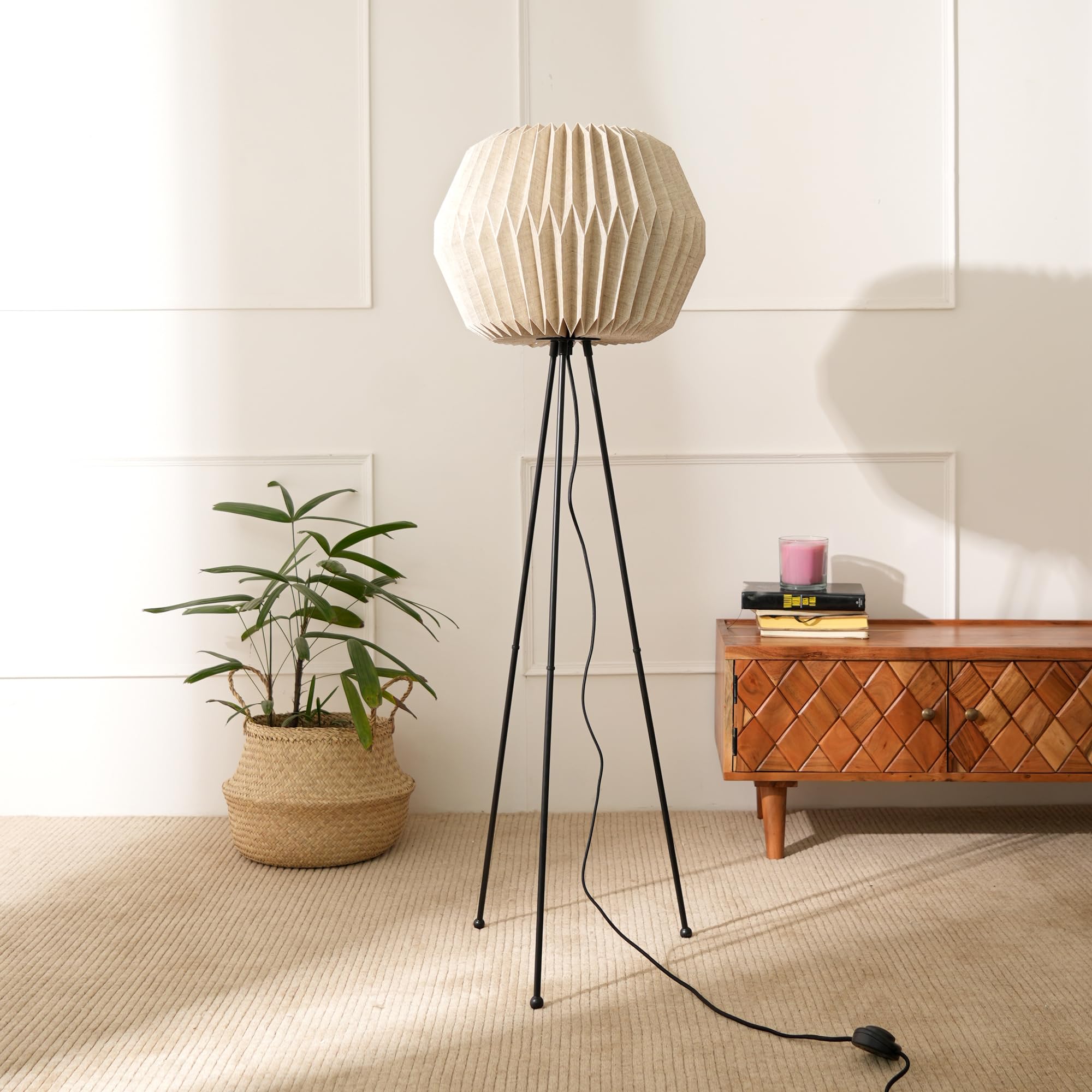 FIG Living Lifo Off White Floor Lamp with Knock Down Tripod Stand | Origami Linen Design | Lampshade for Home Decor, Living Room, Hallway, Cafe&Restaurant | Minimilist Style, Warm LED Bulb