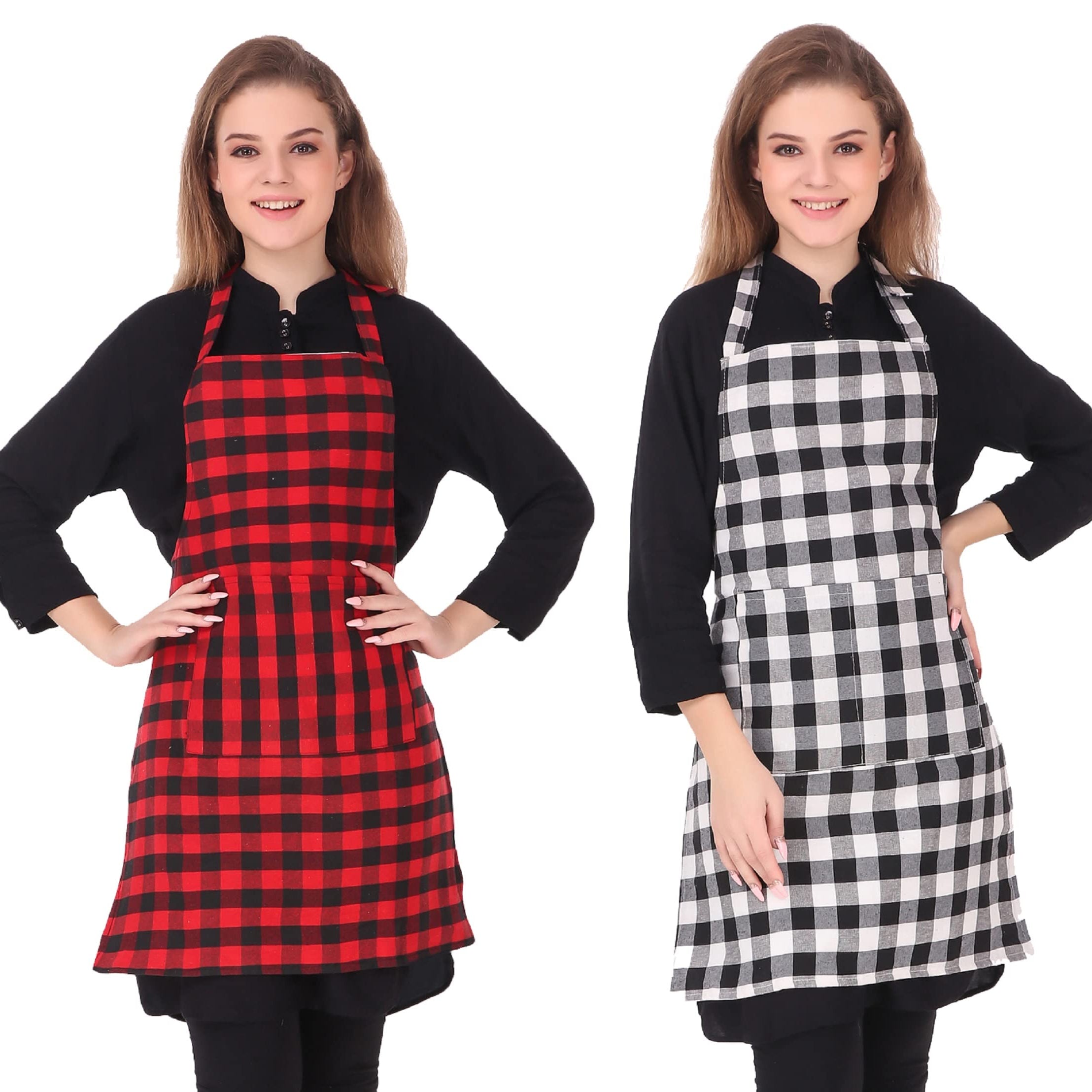 GLUN Waterproof Unisex Kitchen Checkered Design Apron with 2 Roomy Size Front Centre Pocket and Adjustable Neck Strap (Pack Of 2)