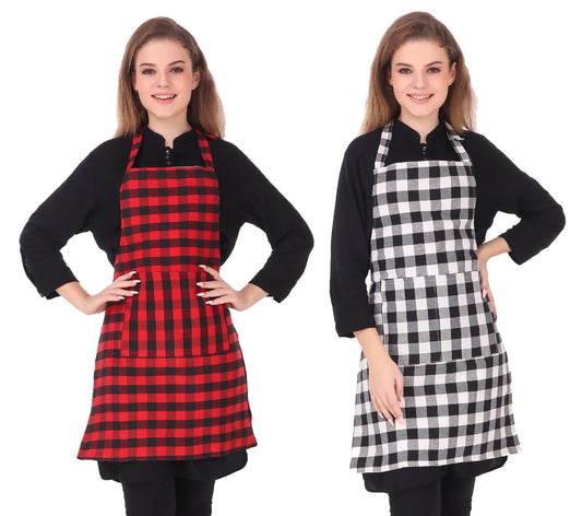 GLUN Waterproof Unisex Kitchen Checkered Design Apron with 2 Roomy Size Front Centre Pocket and Adjustable Neck Strap (Pack Of 2)