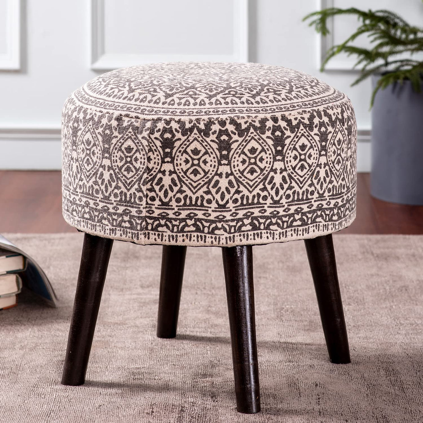 nestroots ottoman stool for living room| Pouffes for sitting ottoman | foot rest stools with 4 wooden legs (17 inch height, Grey)