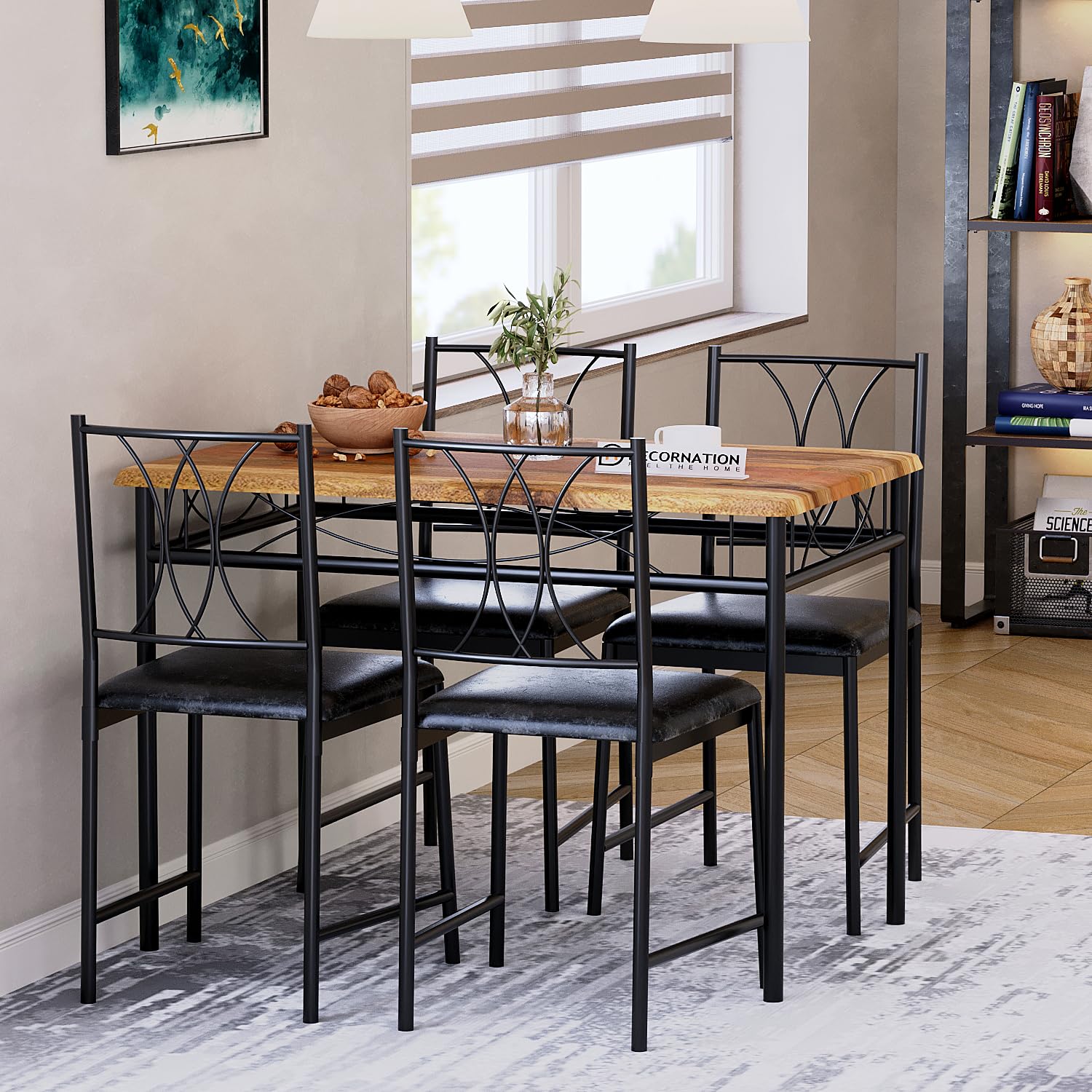 DecorNation Solid Wood and Metal 4 Seater Dining Room Set - Dining Table with 4 Upholstered Chairs for Home and Office, Rustic Brown