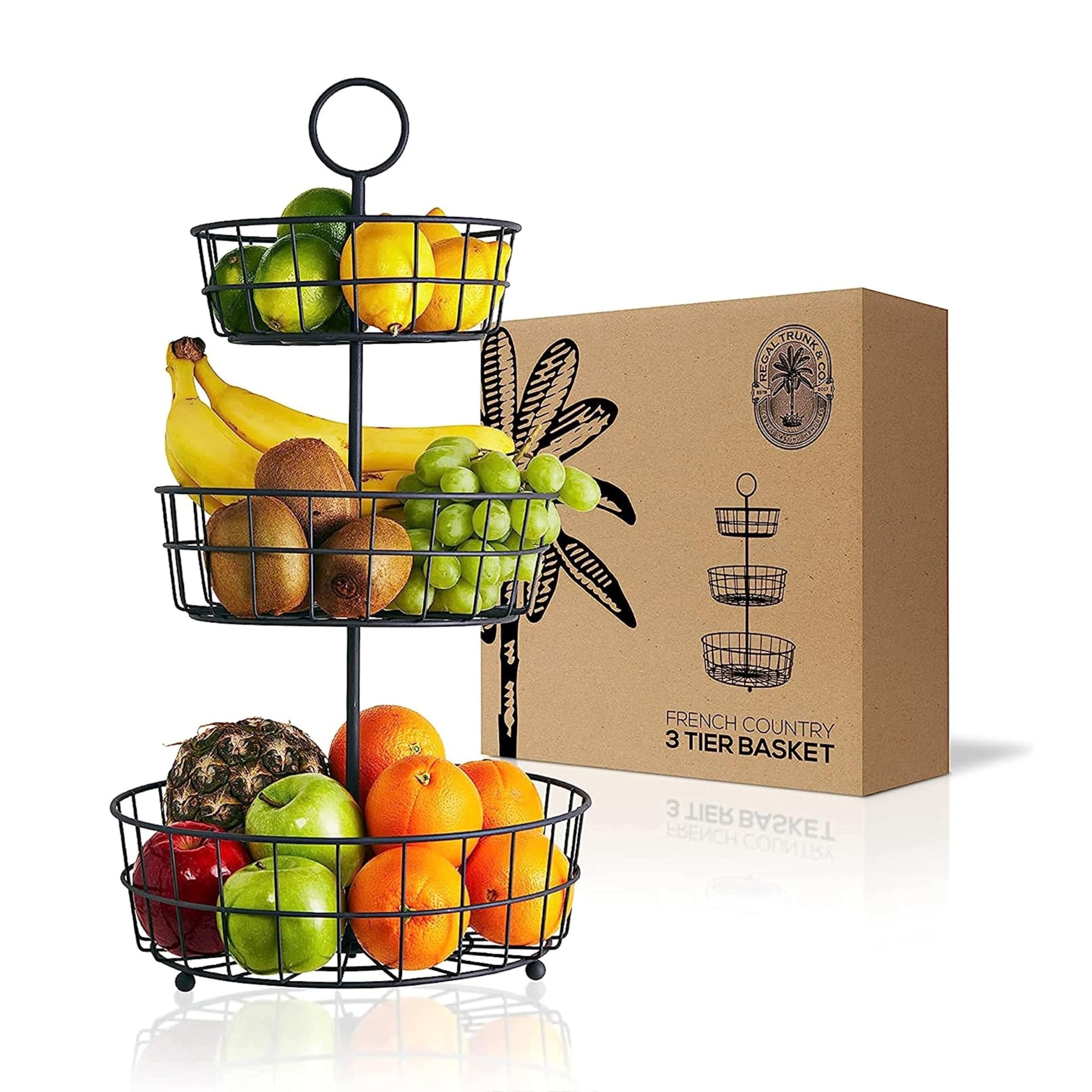 3 Tier Fruit Basket - French Country Wire Basket by Regal Trunk & Co. | Three Tier Fruit Basket Stand for Storing & Organizing Vegetables, Eggs, and More | Fruit Basket for Counter or Hanging (3 Tier)