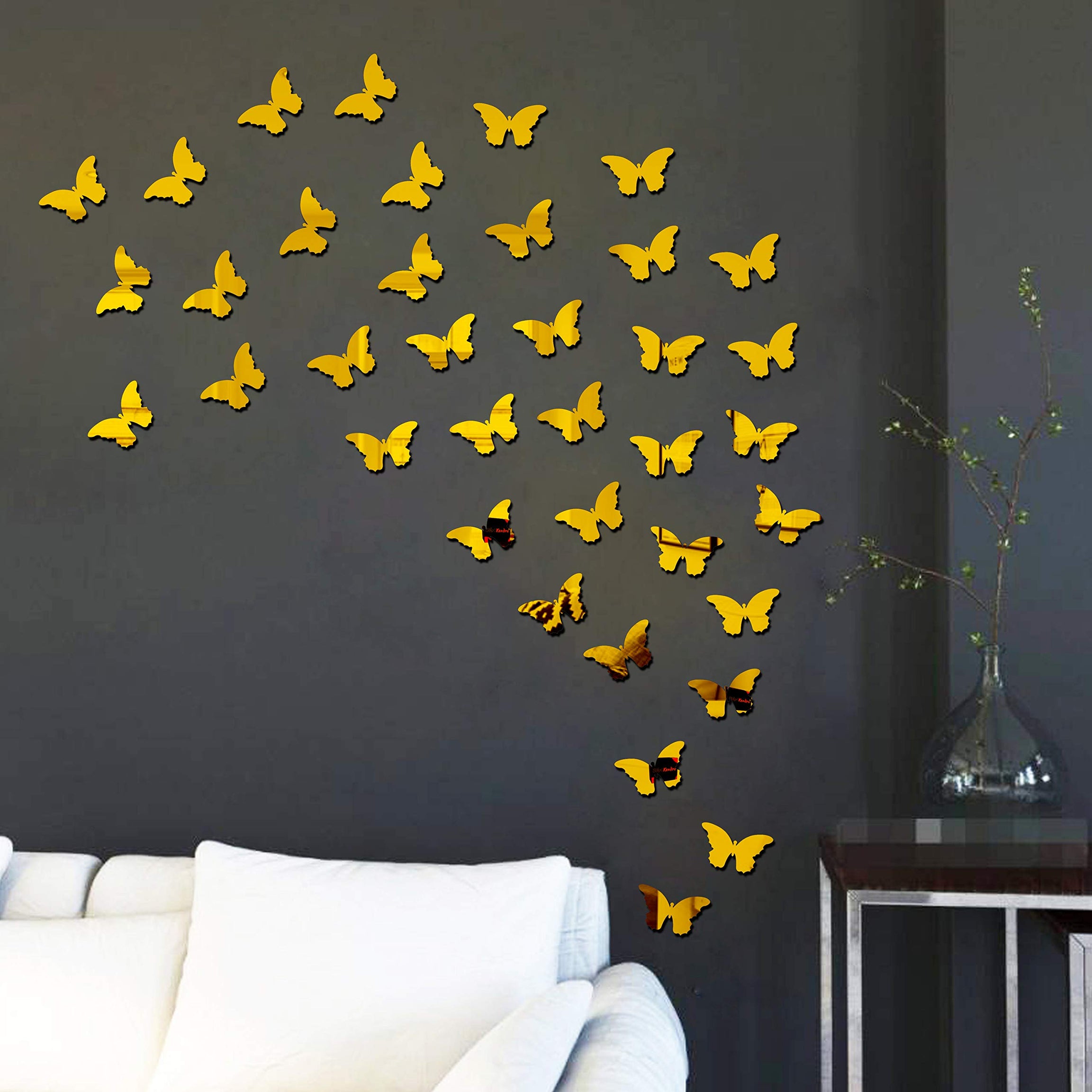 Bikri Kendra - 40 Butterfly Golden Decorative Mirror Stickers for Wall, Wall Mirror Stickers, 3D Acrylic Stickers Wall Stickers for Hall Room, Bed Room, Kitchen Living Room Kids Room.