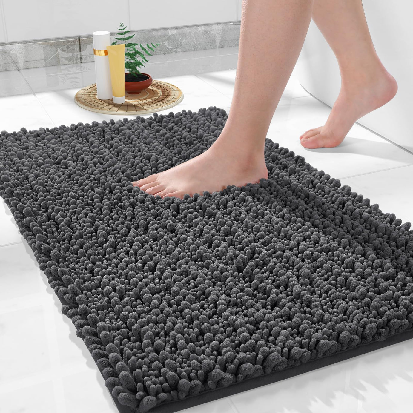 Yimobra Luxury Bathroom Rug Mat 24x17, Extra Soft & Absorbent Bath Rugs, Non-Slip Plush Shaggy Bath Carpet, Machine Wash Dry, Bath Mats for Bathroom Floor, Tub and Shower, Dark Gray