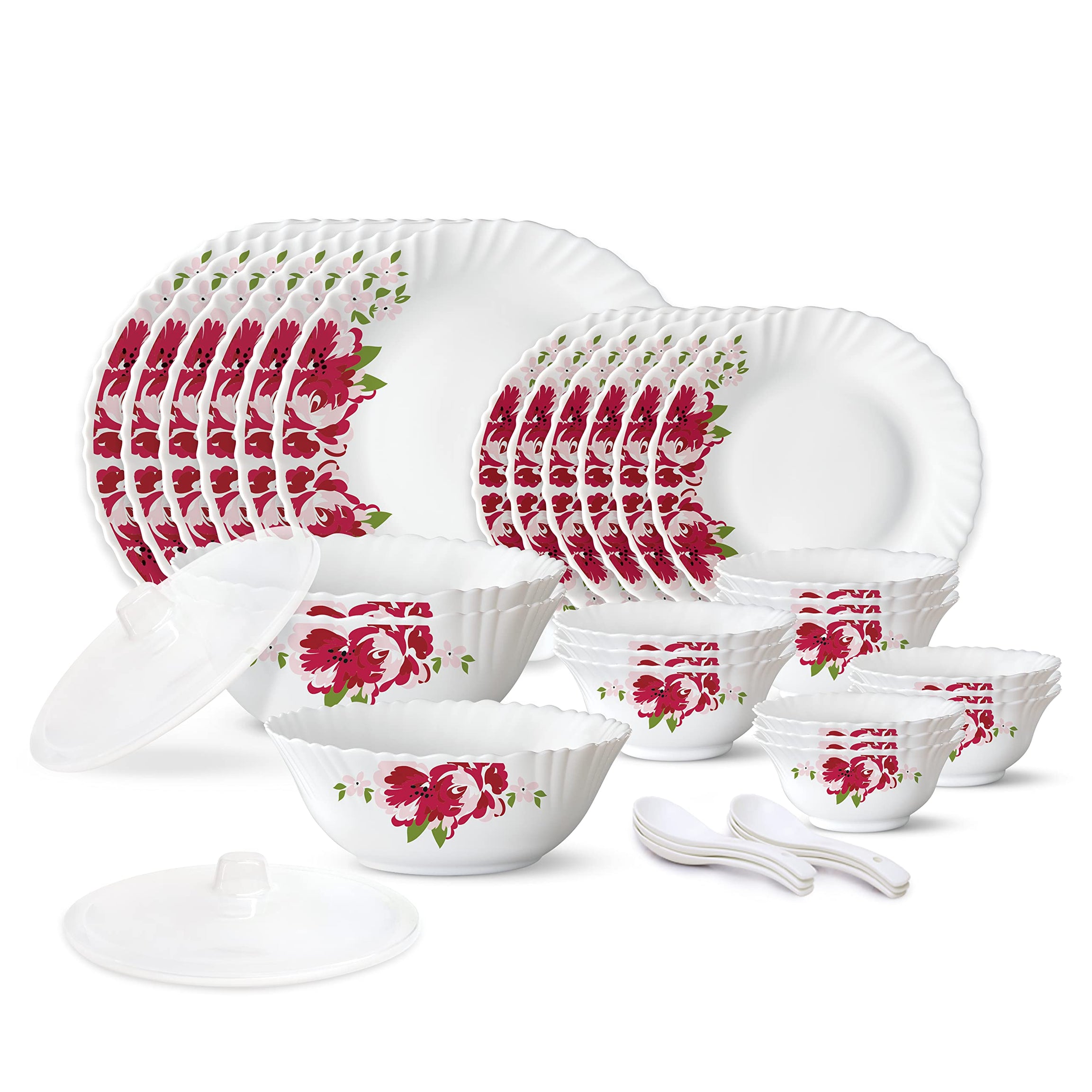 Larah by Borosil Rose Red Silk Series Opalware Dinner Set | 35 Pieces for Family of 6 | Microwave & Dishwasher Safe | Bone-Ash Free | Crockery Set for Dining & Gifting | Plates & Bowls | White