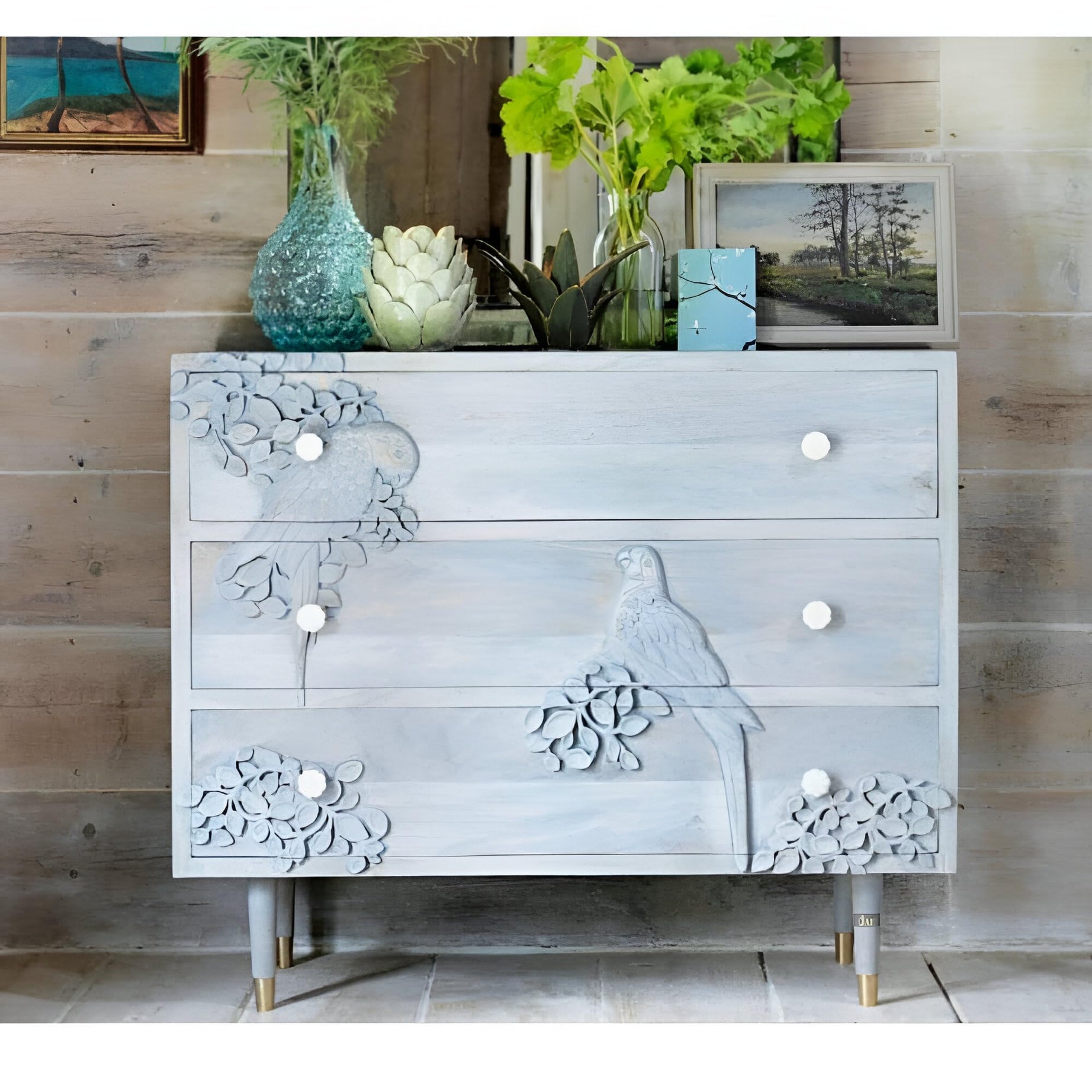 JAE Furniture Wooden Antique Chest of Drawers | Wooden Cabinet for Living Room | Cabinet for Storage Wooden Furniture | Wooden Chest of Drawer | Bird Design | Mango Wood, Light Blue