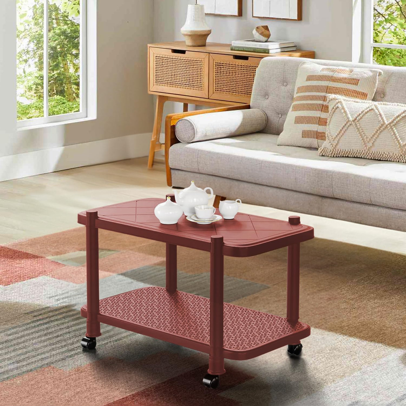 wow craft Plastic Trolley Coffee Table with Wheels | Anti-Skid Tea POY & Coffee Table for Home, Living Room, Balcony, Outdoor, Home, Office- Maroon, DIY (Do-It-Yourself)