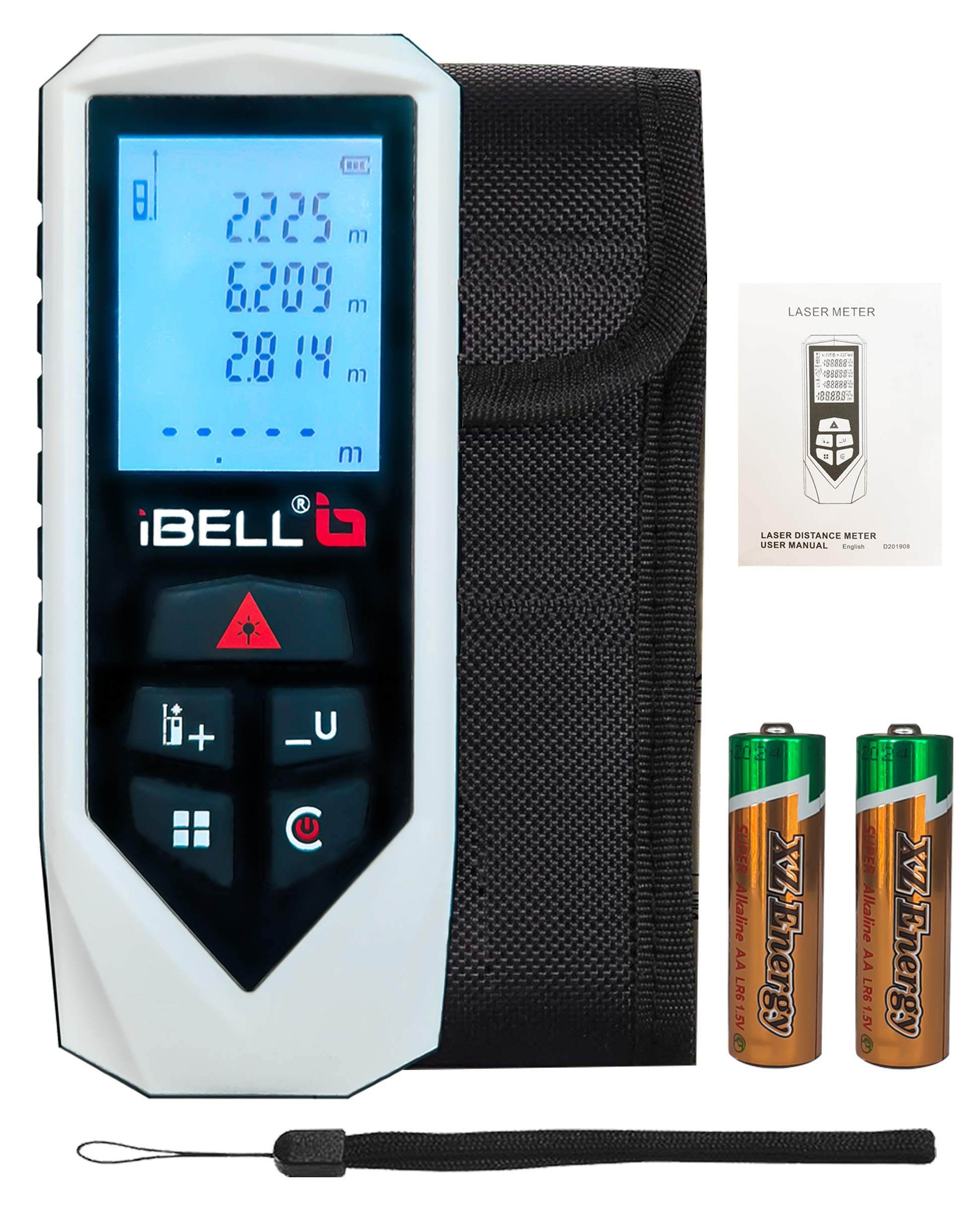 iBELL DM60-01 Classic Laser Measure 196Ft/60M Mute Laser Distance Meter with Backlit LCD and Pythagorean Mode, Measure Distance, Area and Volume, Battery, Pouch & strap- 1 Year Warranty