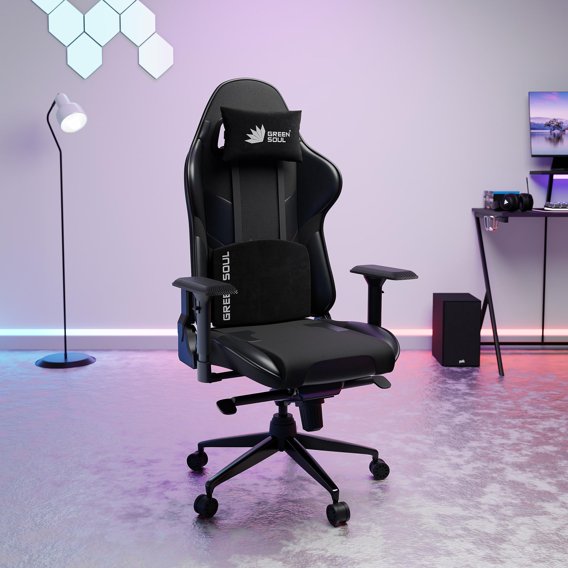 Green Soul® | Xtreme | Multifunctional Ergonomic Gaming & Office Chair | Premium PU Leather Upholstery | 4D Armrests | Adjustable Neck, Lumbar Pillow | 180° Back Recline (Black & Slate Grey)