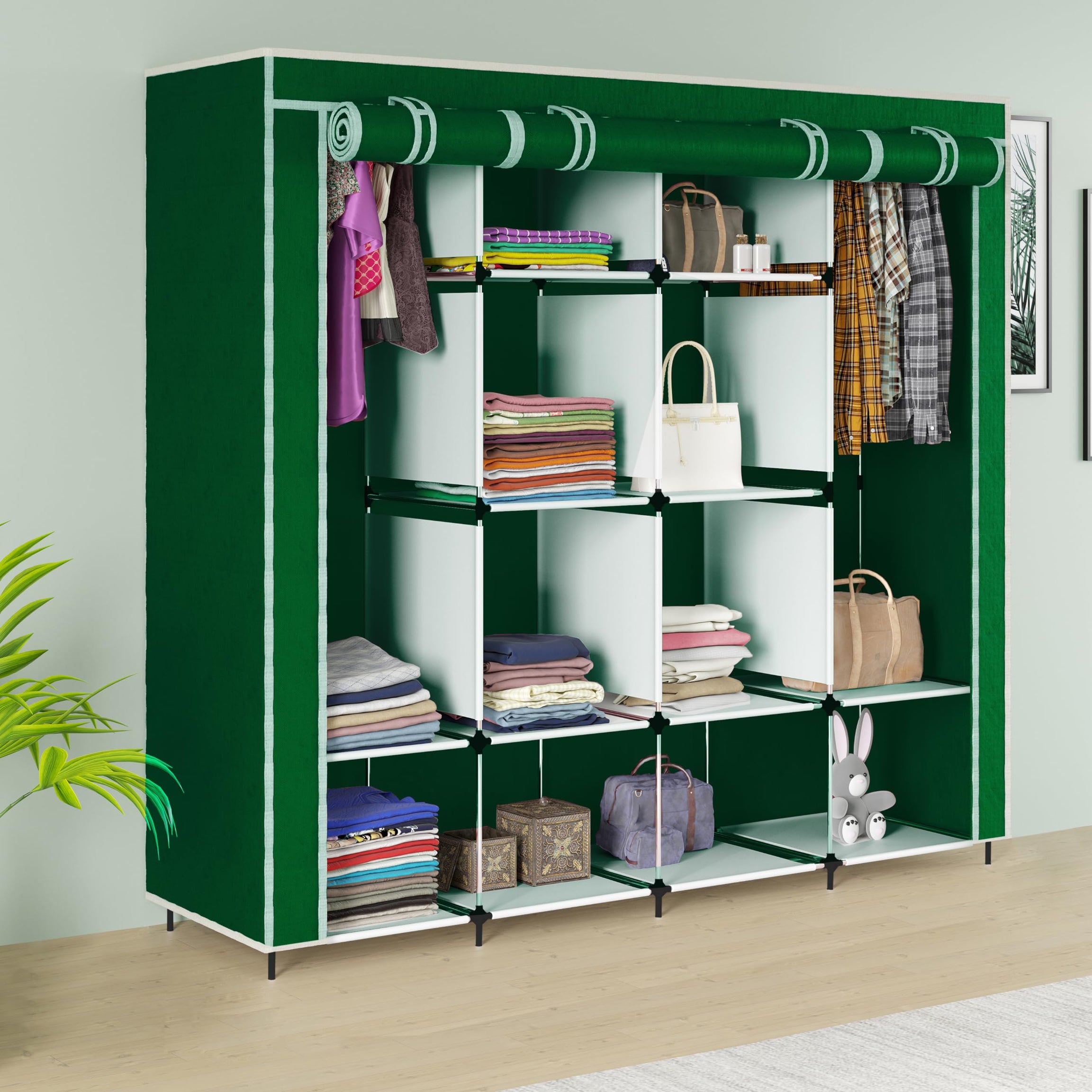 GTC Collapsible Wardrobe Clothes Almira, 2 Hanging Space, 12 Shelves, 1 Side Pocket Non-Woven Fabric (W 88270)