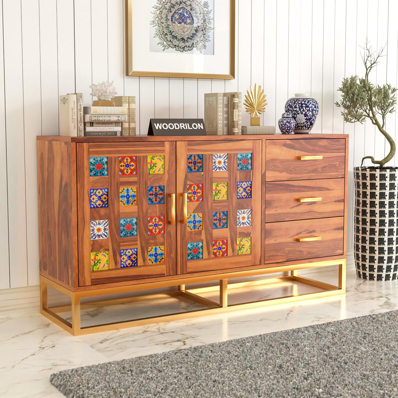 Woodrilon Solid Sheesham Wood Sideboard Cabinet with 3 Drawers & 2 Doors - Versatile Storage Solution - Chest of Drawers for Living Room, Office & Home Decor (Kenzie, Honey Finish)