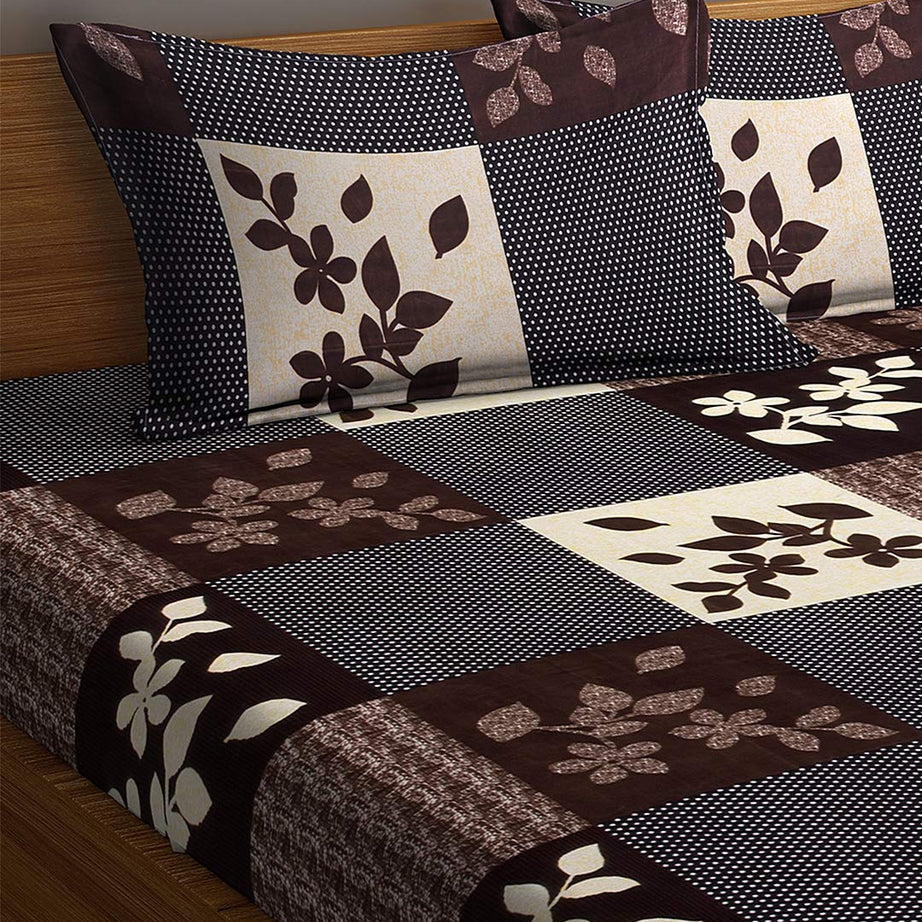 Fashion String 144 TC Microfibre Brown Double Bedsheet with 2 Pillow Covers