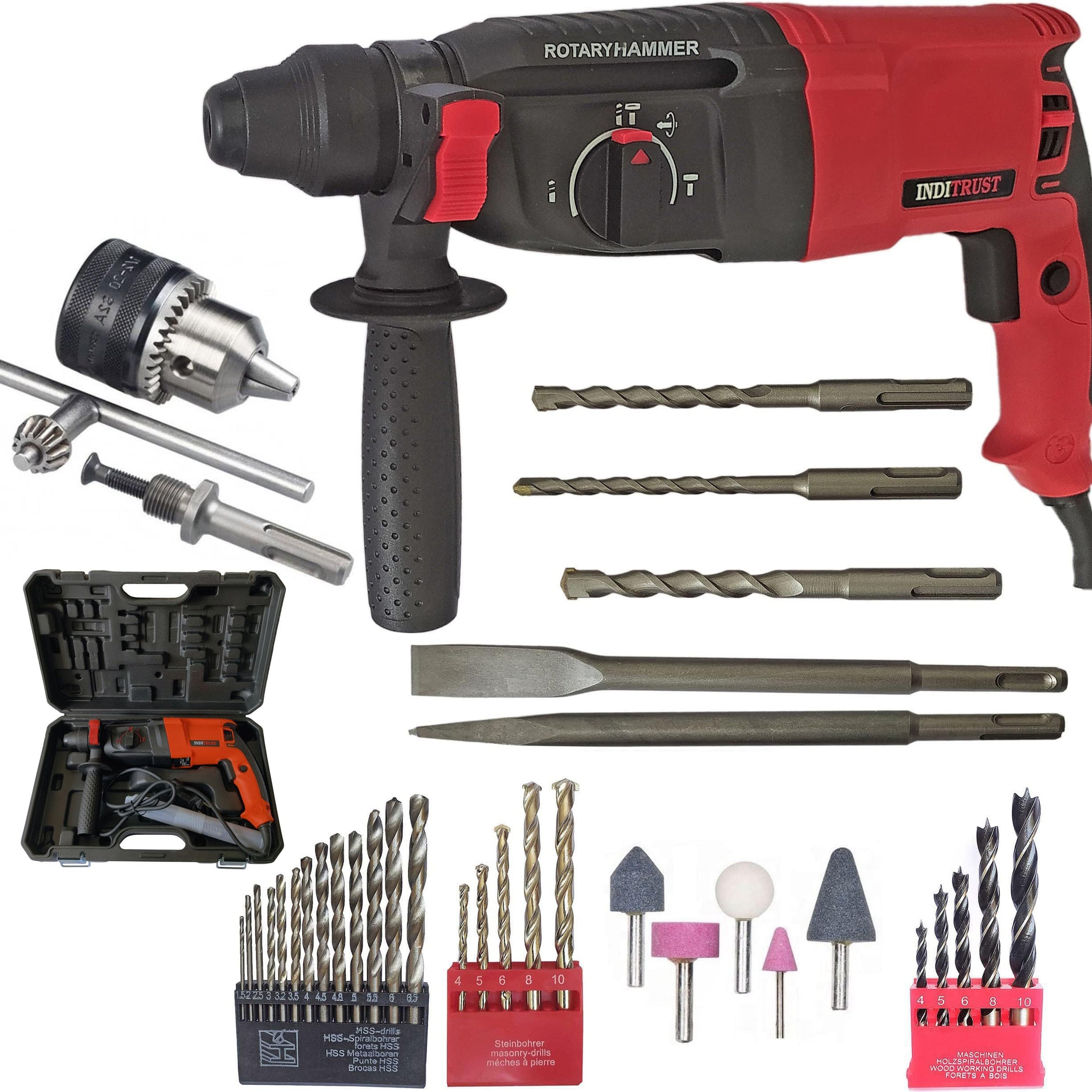 Inditrust 1250W 26mm Electric rotary hammer drill Machine with SDS drill bits and accessories, Set of 1 with 6 MONTHS WARRANTY (RED)