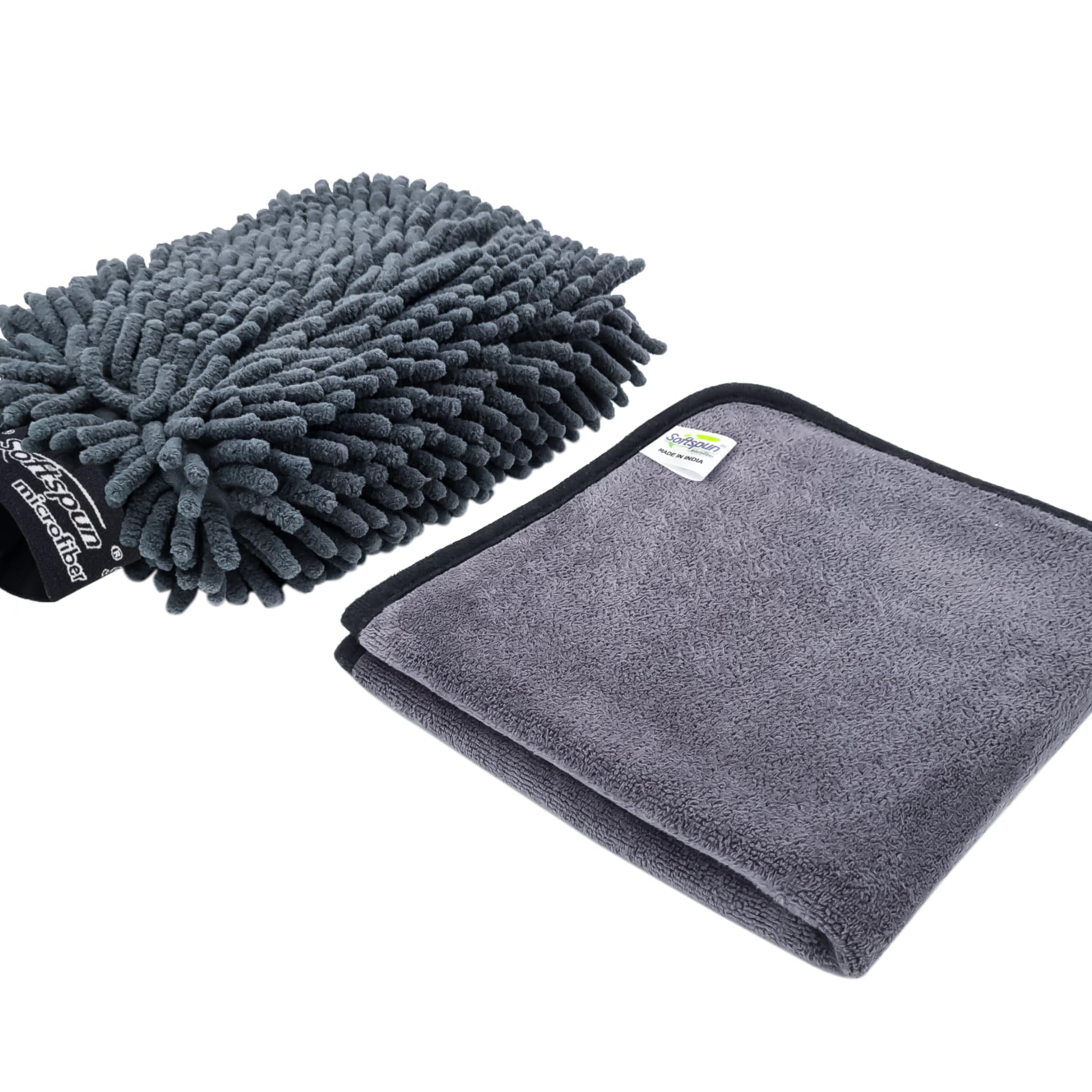 SOFTSPUN Microfiber Super Absorbent Cloth 500 GSM 40X40 & Double Sided Gloves Pc 2 Grey! Edge Towel Set Extra Thick Microfiber Cleaning Cloths Perfect for Bike Auto Cars Both Interior and Exterior.