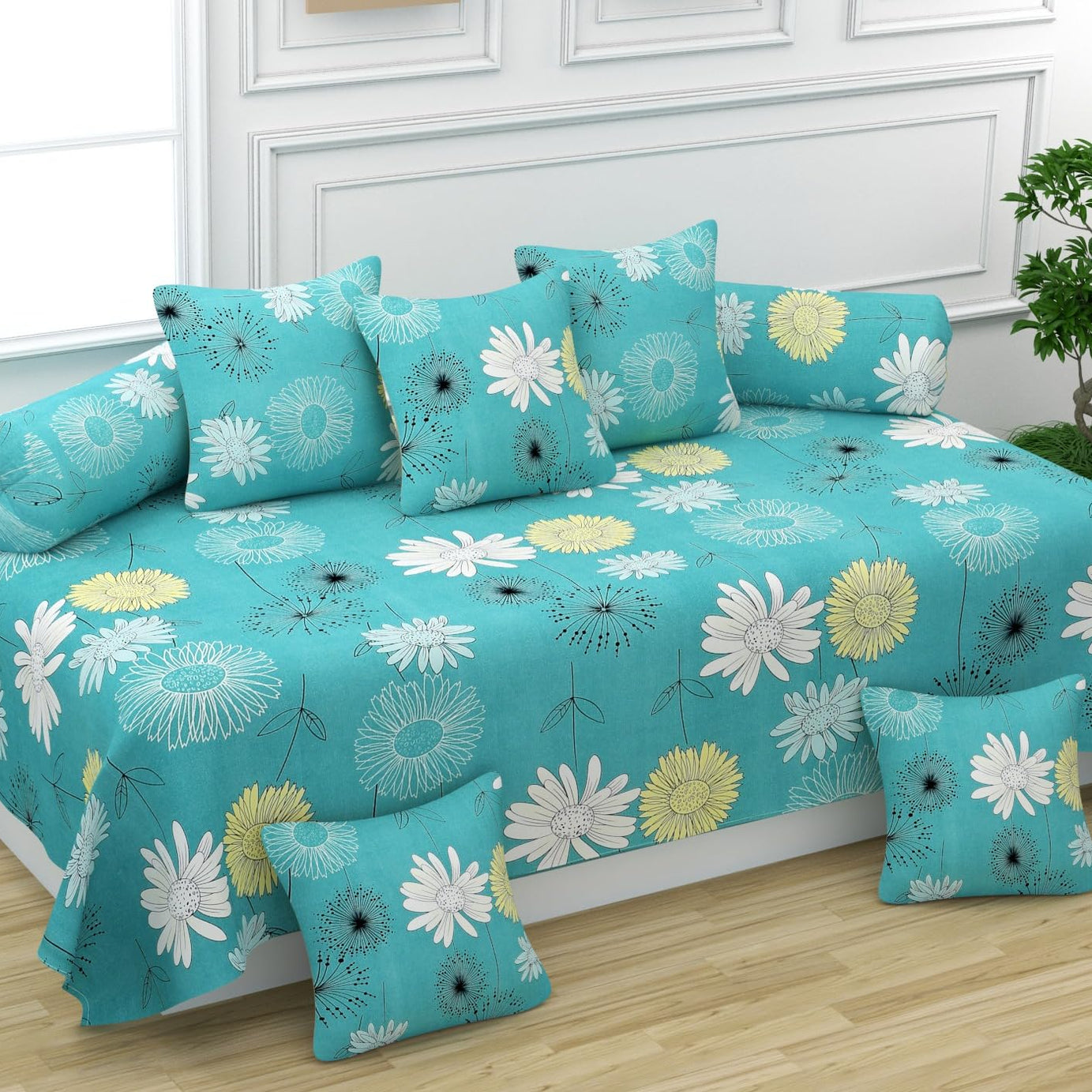 Ralish Diwan Set 8 Pieces Pure Cotton Designer Printed Standard Diwan Bedsheet (1 Single Bedsheet, 2 Bolster Covers, 5 Cushion Covers) (Blue Flower)