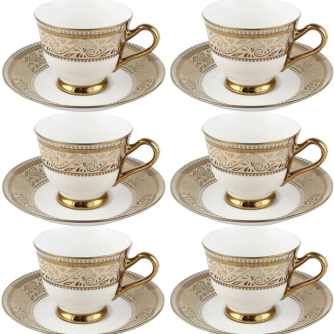 TREANDCARD Fine Bone China Tableware Serving Gold Coffee -Tea Cups Saucer Set 12 Pieces, Gold & White, 160 milliliter