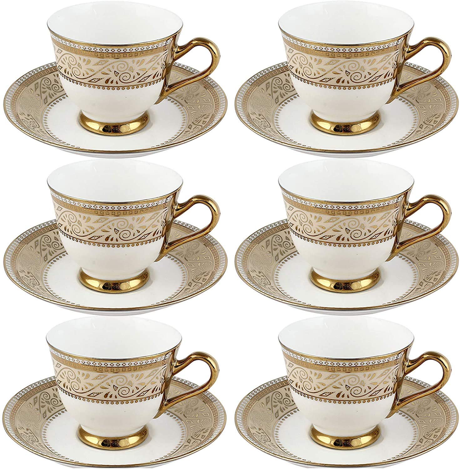 TREANDCARD Fine Bone China Tableware Serving Gold Coffee -Tea Cups Saucer Set 12 Pieces, Gold & White, 160 milliliter