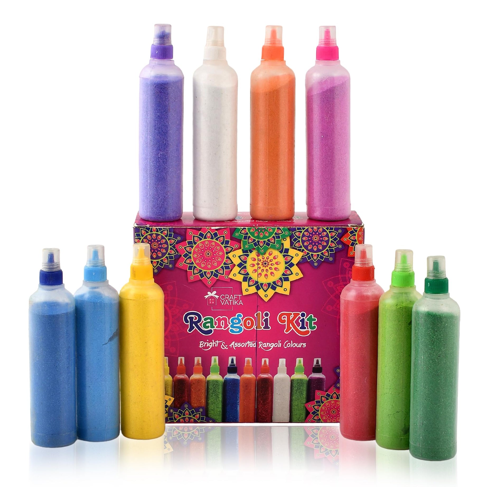 CraftVatika Rangoli Colour Powder Tube Kit Diwali Decoration Items Bottles Tool Floor Art Rang for Home Navratri Pongal Pooja Mandir Decor (Set of 10)