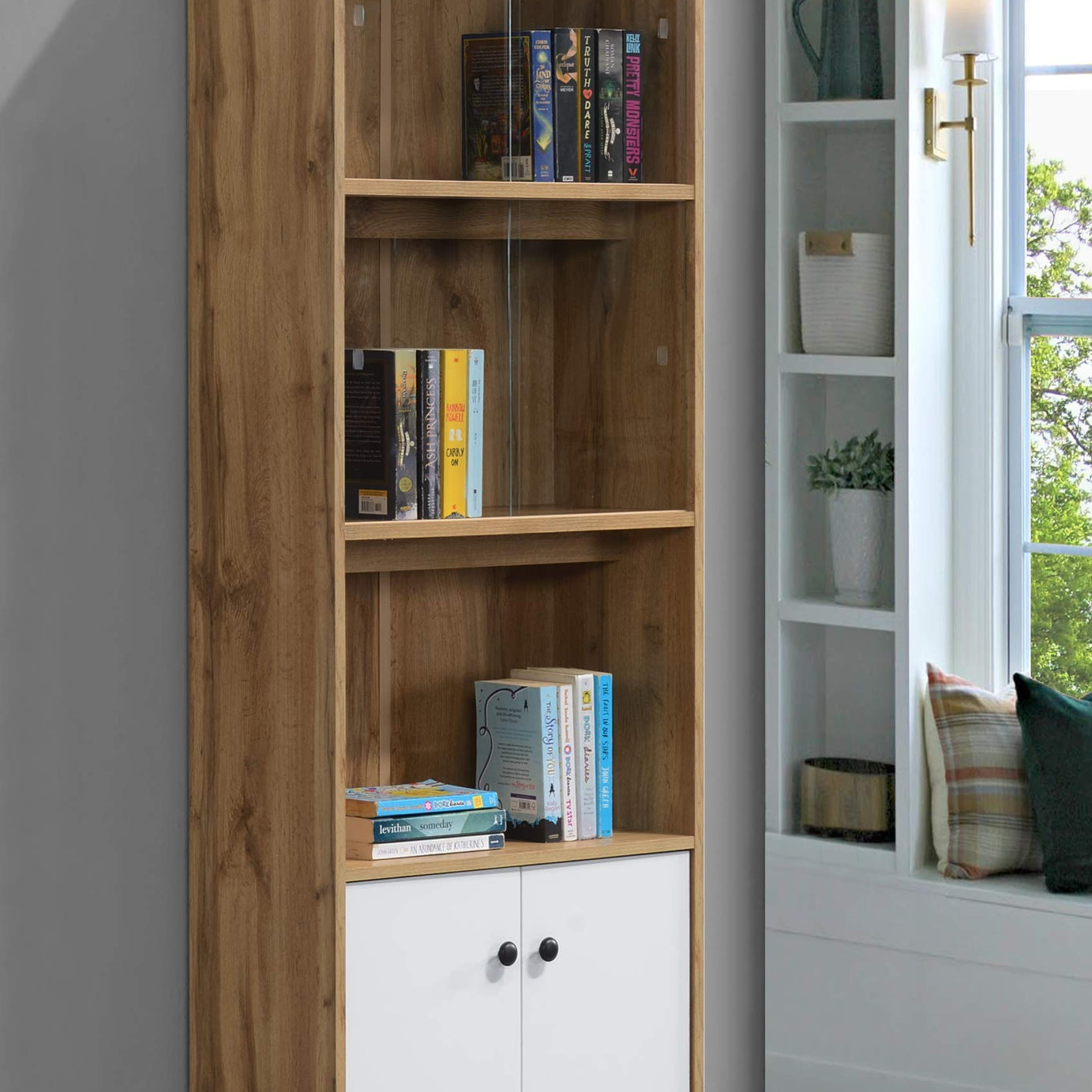 DeckUp Plank Cove Engineered Wood Book Shelf and Display Unit Cabinet ( Set of 1 ,Wotan Oak and White)