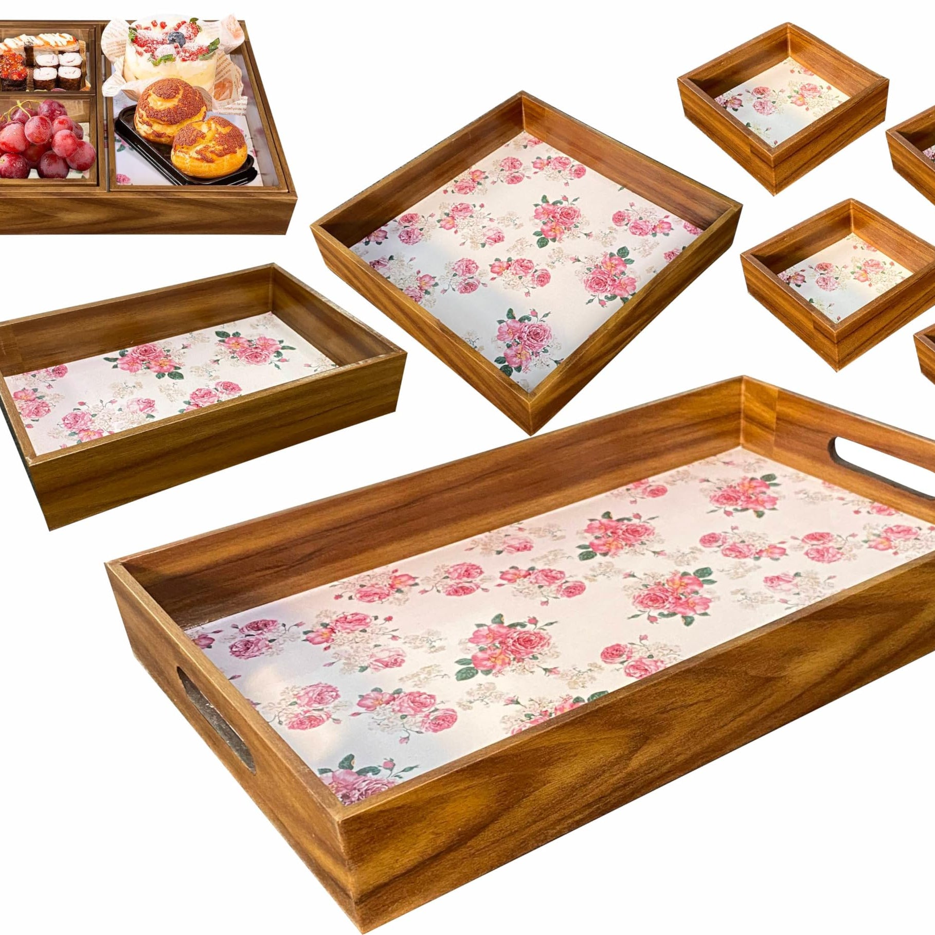 Enigmatic Woodworks Wooden Serving Trays - Decorative Tray Set of 7 I Home Decor I Breakfast I Coffee Table I Dining Table I Bathroom Decor | Bed Tray (Brown Pattern Flower)