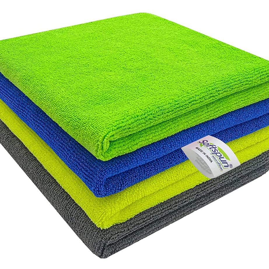 SOFTSPUN Microfiber Cleaning Cloths, 4pcs 40x40cms 340GSM Multi-Colour! Highly Absorbent Lint and Streak Free Multi -Purpose Wash Cloth for Kitchen Window Stainless Steel Silverware.