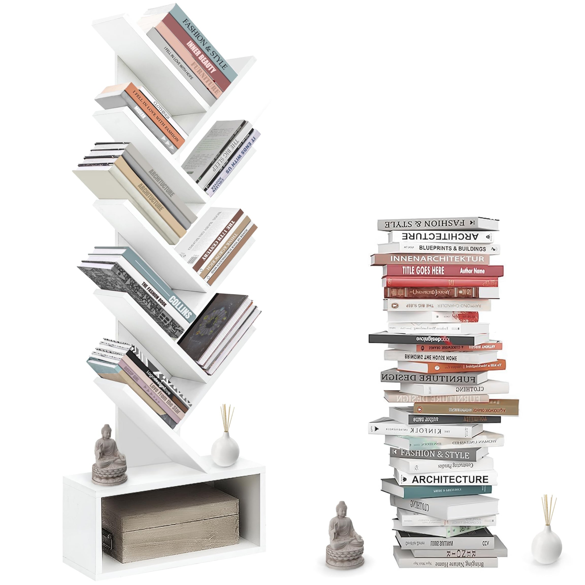 ABOUT SPACE Book Shelf for Home Library - 9-Tier Tree Shaped Book Rack for Study Room DIY Wooden Book Stand with Bottom Storage Space for Office, Livingroom, Bedroom (White - L 45 x B 17 x H 127 cm)