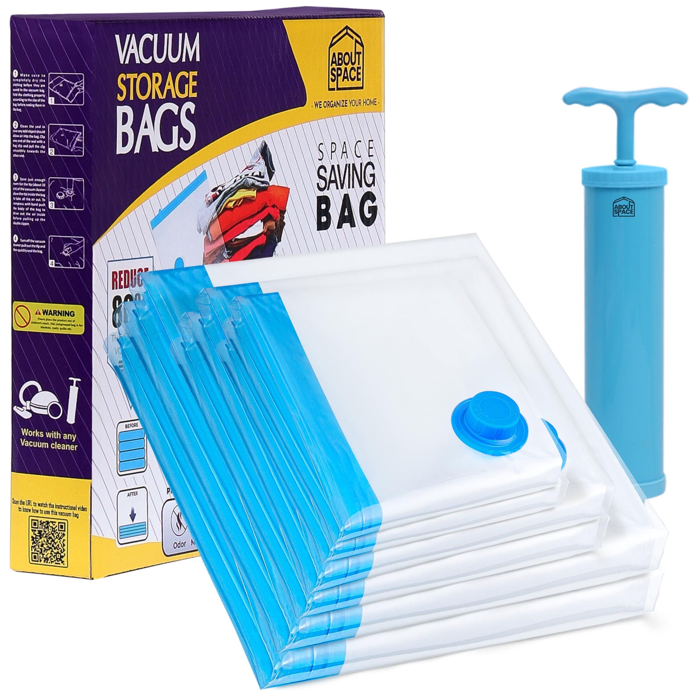 ABOUT SPACE 6 Pack Vacuum Bags for Travel with Hand Pump (2 Jumbo/2 Large/2 Medium) Airtight, Reusable Space Saver Compression Storage Bags for Packing, Vaccine Sealer Bags with Ziplock for Comforters