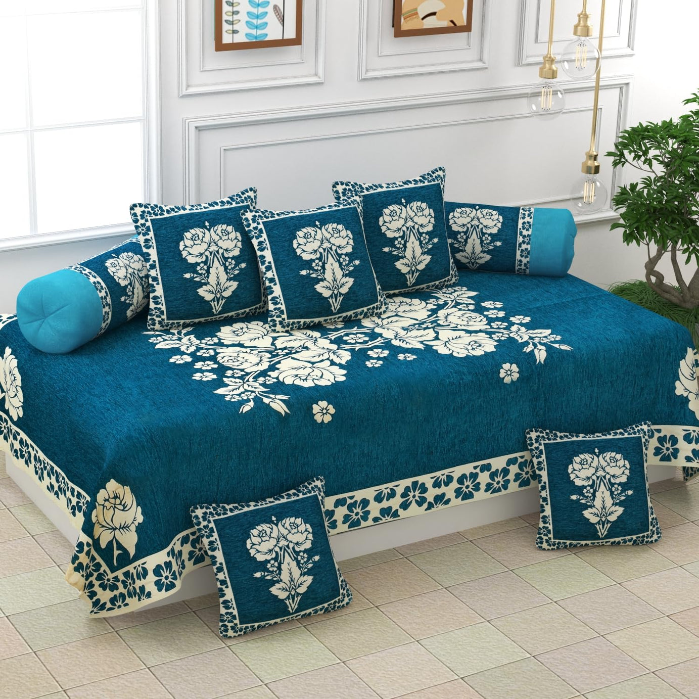 FRESH FROM LOOM Reversable Diwan Set, Lattest Design, 500 TC, Velvet Chenille Fabric, Diwan Set - 8pc (Aqua)