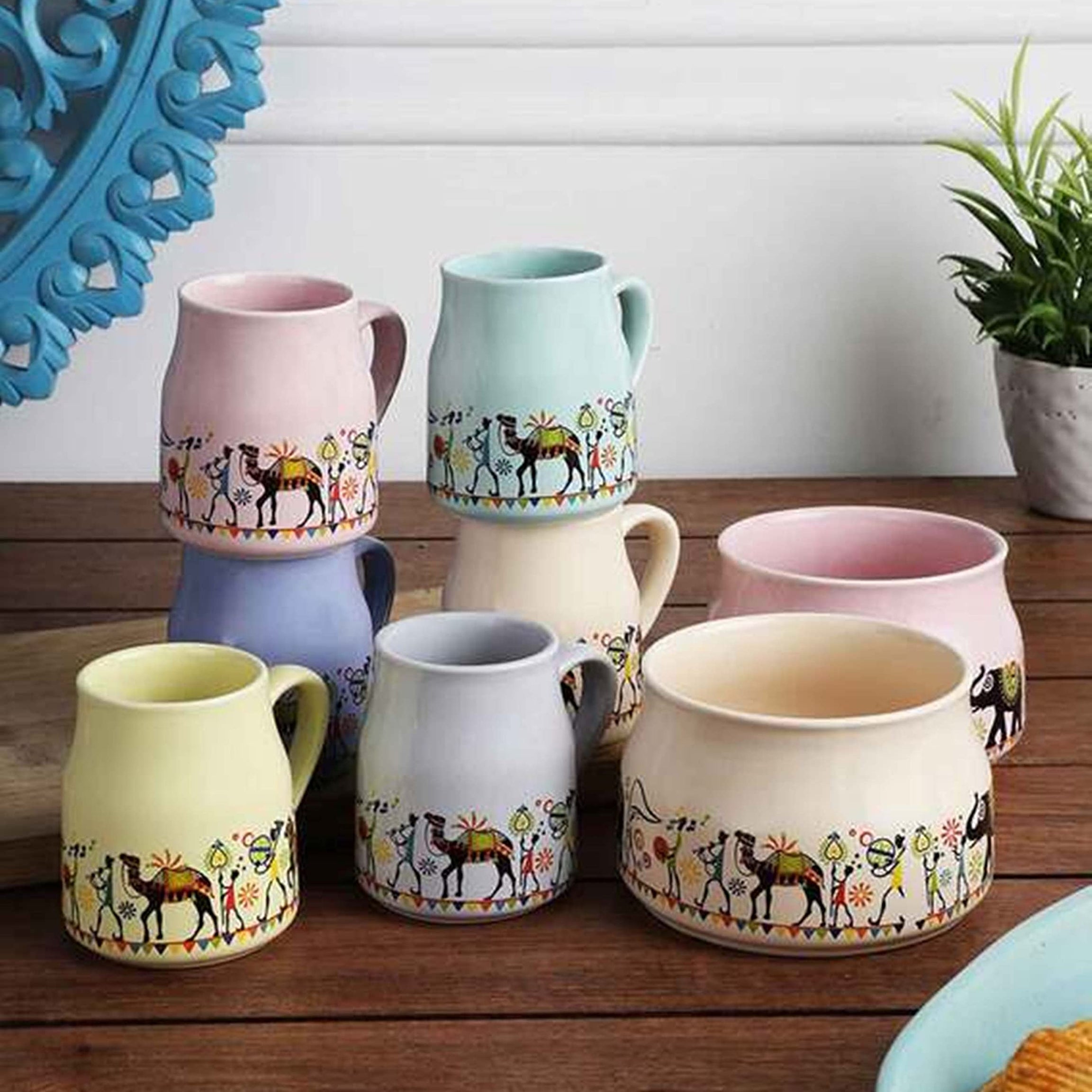 Craftos� Ceramic Flask 6 Cups with 2 Bowls Elephant Motif Multicolor Chai/Tea Cups Serving Tea and Coffee Mugs Set Best Gift for Friends, Anniversary, Birthday (Set of 8)