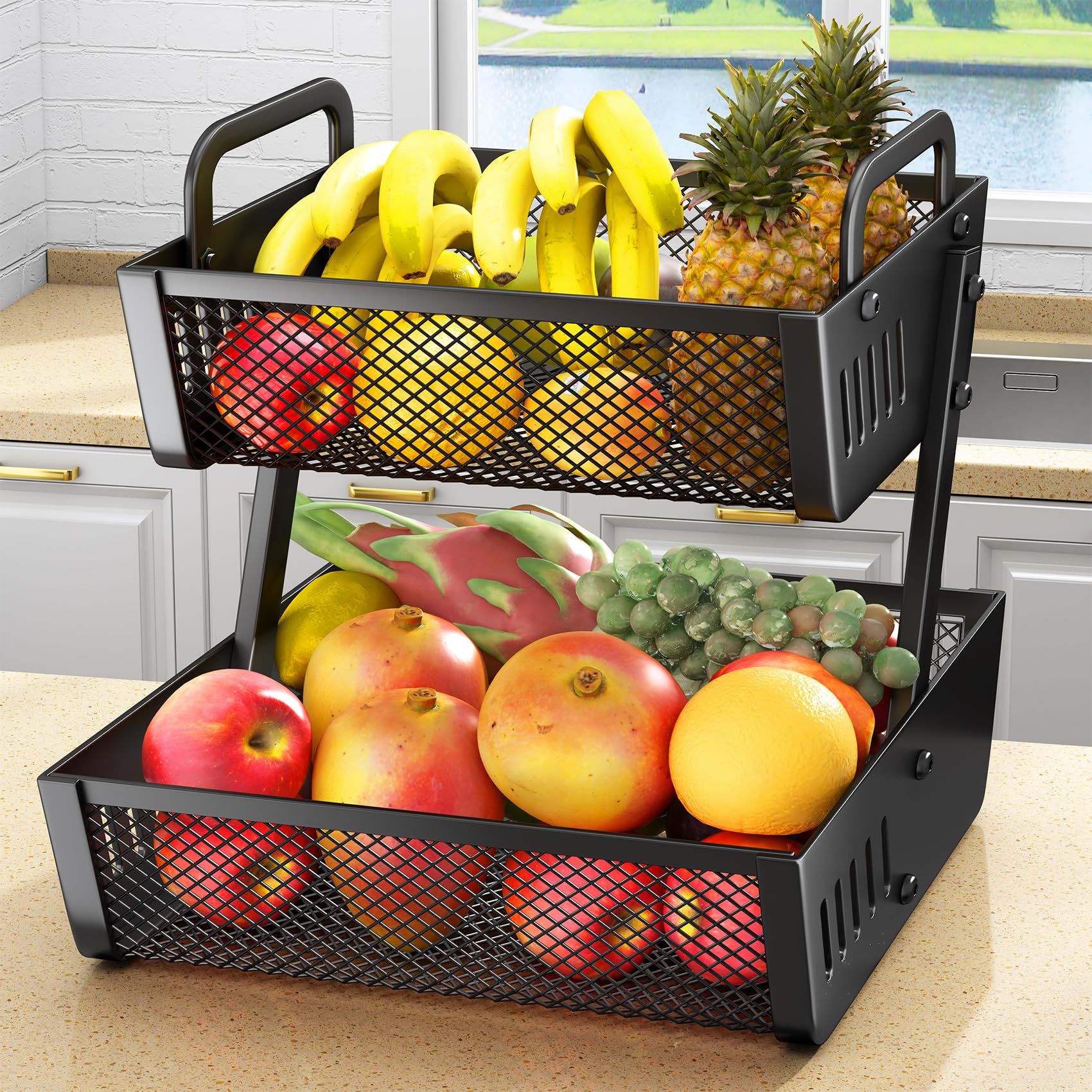 Fruit Basket for Kitchen, Metal Storage Bowl Rack for Countertop Vegetables Bread Snacks Banana Holder (2 Tier Black)