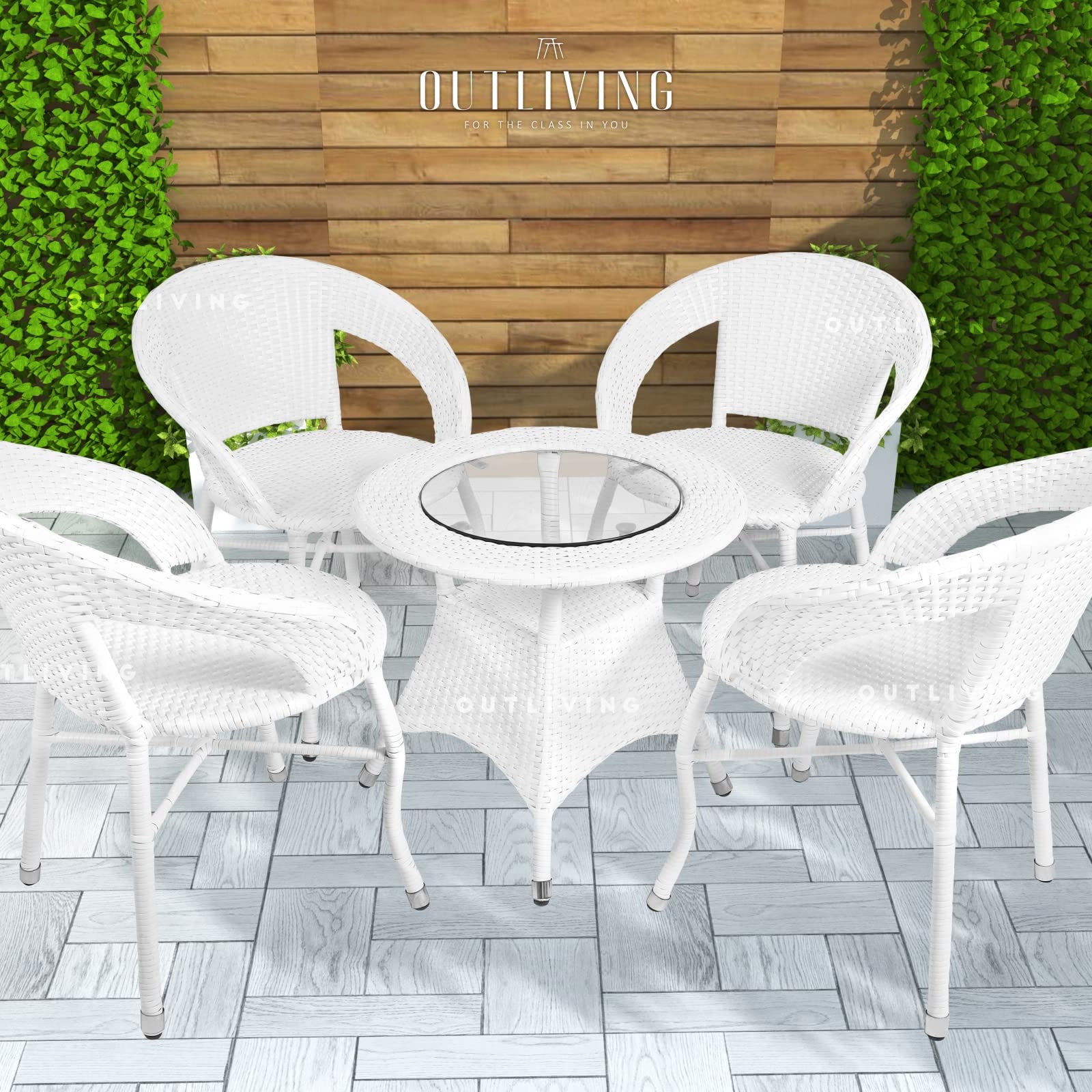 Outliving Garden Patio Seating Chair And Table Set With Glass Balcony Outdoor Furniture With 1 Tables And 4 Chair Set (White) - Rattan, 117 Cm, 61 Cm