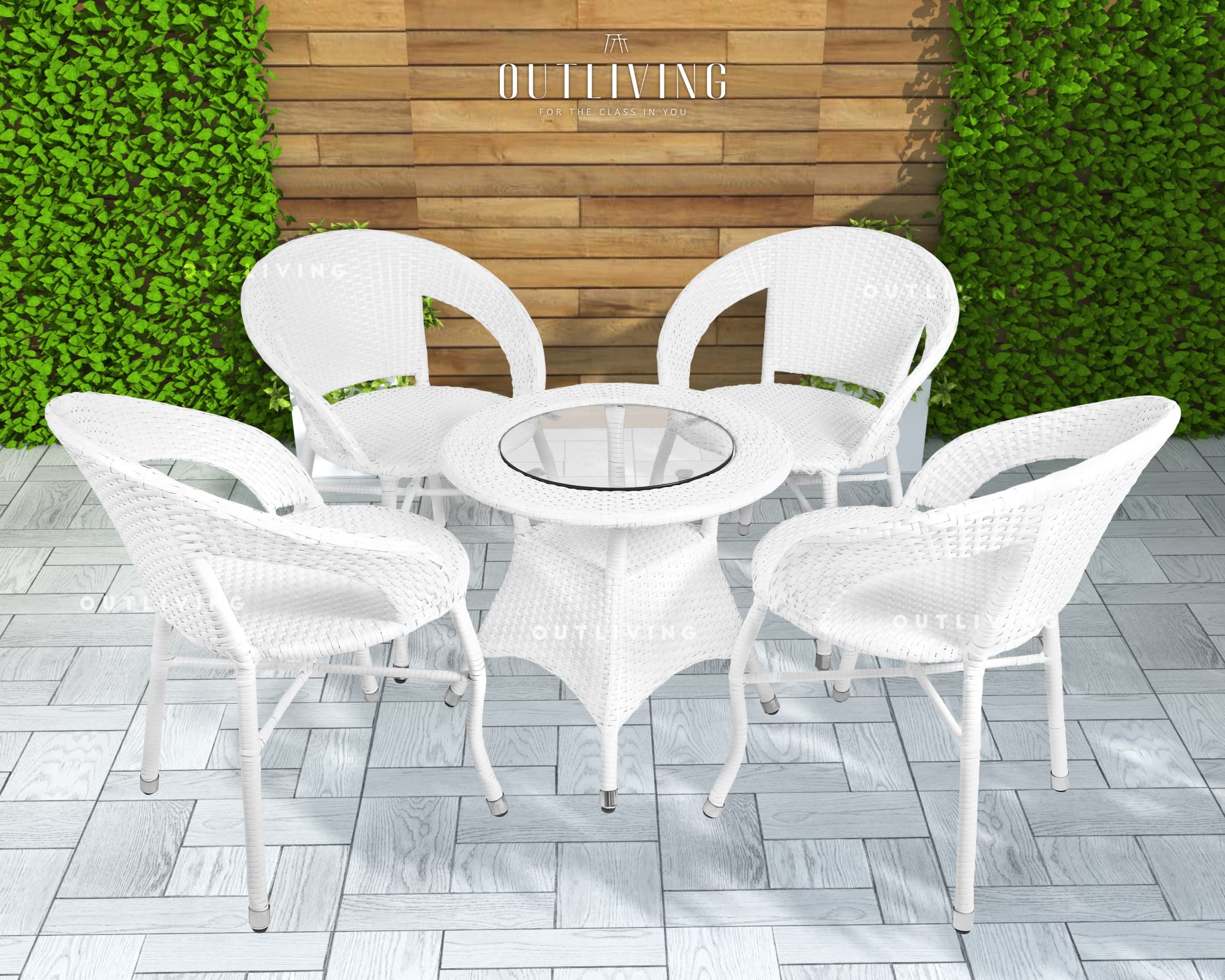 Outliving Garden Patio Seating Chair And Table Set With Glass Balcony Outdoor Furniture With 1 Tables And 4 Chair Set (White) - Rattan, 117 Cm, 61 Cm