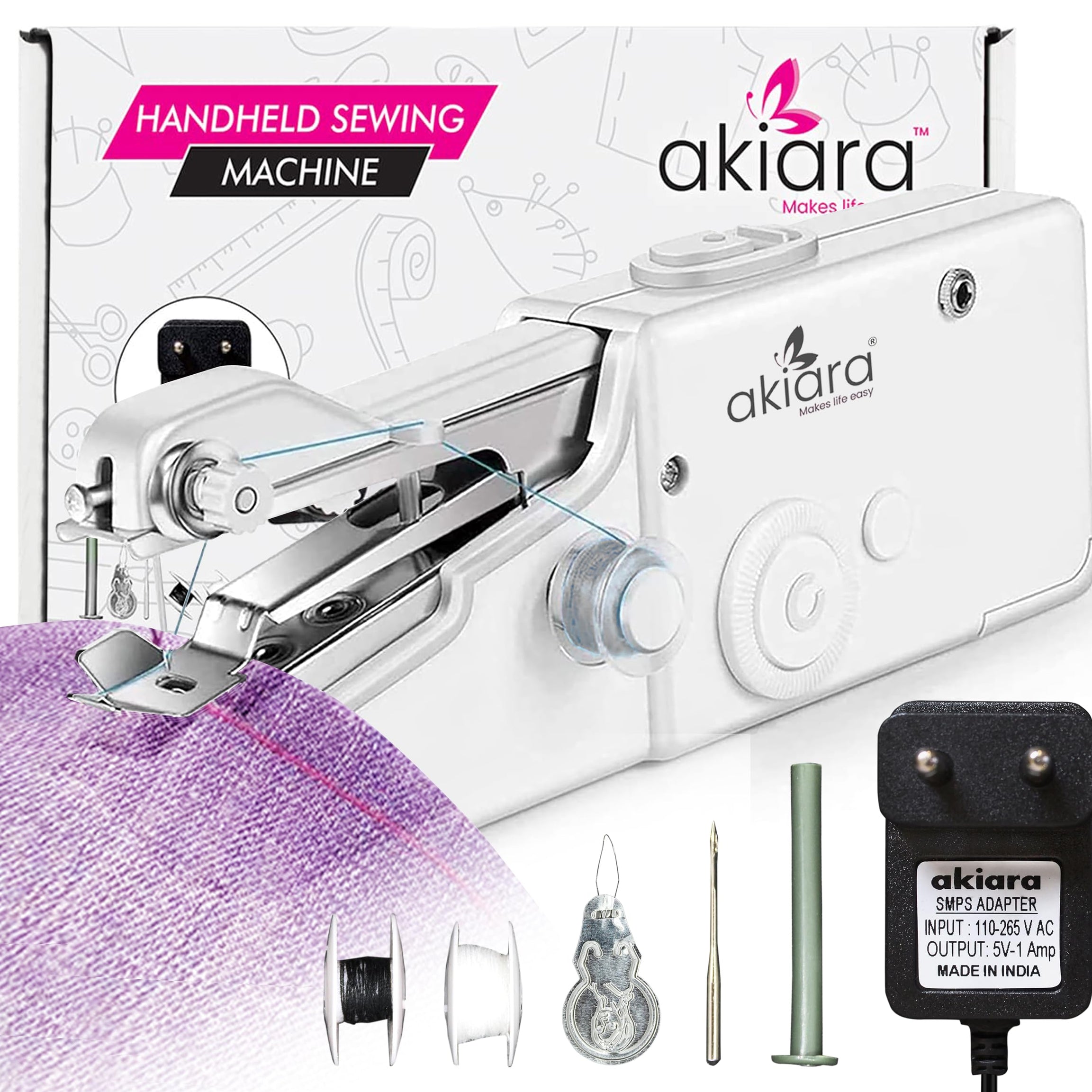 Akiara - Makes Life Easy Electric Handy Sewing Handheld Cordless Portable Sewing Machine For Emergency Stitch Home Tailoring, Hand Machine | Mini Silai | Comes With 5V Adapter - White