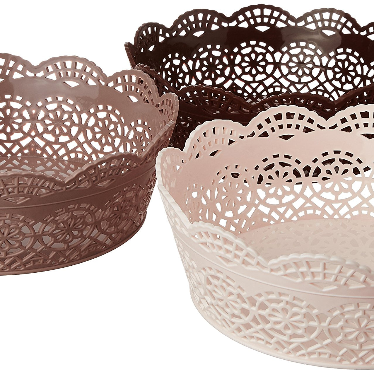 Nayasa Lacy Plastic Round 3 Piece Basket Set, Peach and Chocolate|portable basket|basket holder| Beige