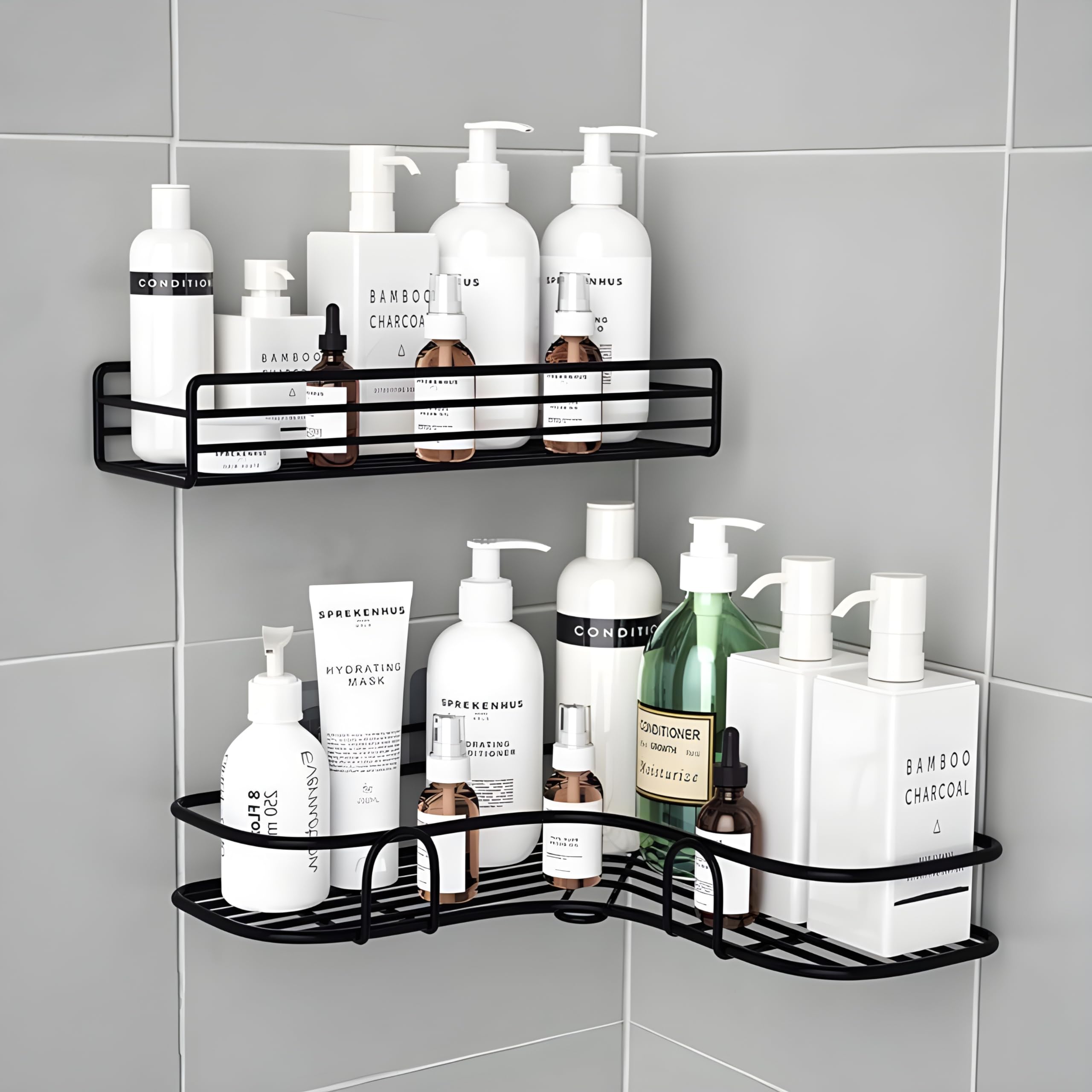 JIALTO Bathroom Accessories 2 Pcs Set of Bathroom Shelf for Wall and Corner Shelf, Ideal Bathroom Organiser for Maximizing Space (Black)