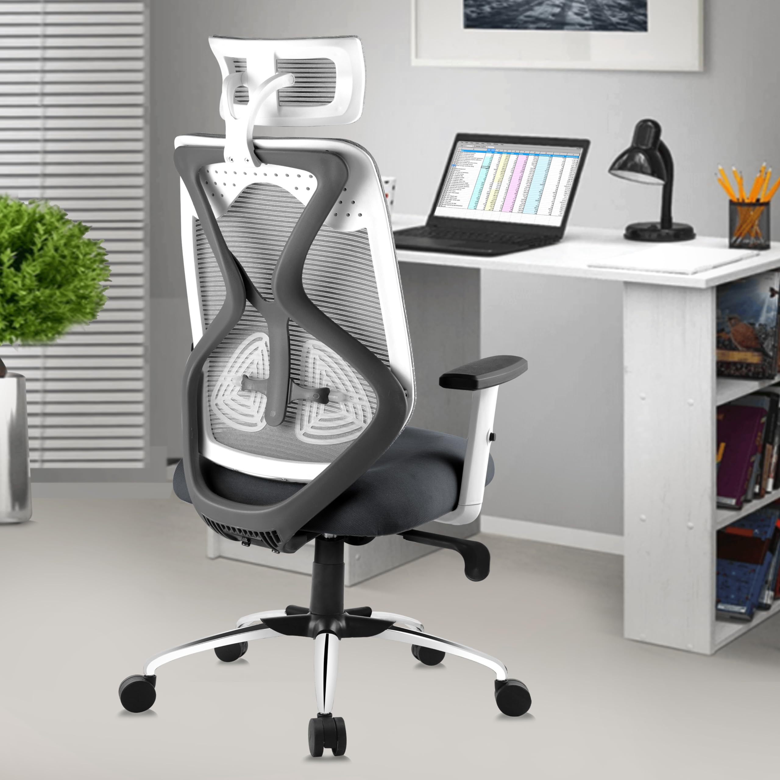 ASTRIDE Ergofit Ergonomic Office Chair in High Back with Adjustable Arms & Lumbar Support, Synchro Tilt Mechanism, [Heavy Duty Chromium Metal Base, Grey-White]