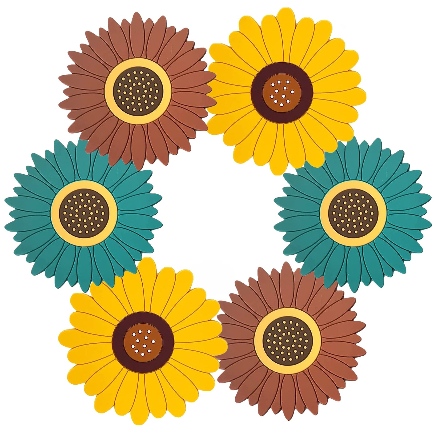 Oicia Large (20 cm) Silicone Sunflower Coasters - Anti-Hot & Foldable Trivet Mat - Coaster for Table Protection & Home Decor - Washable & Reusable (Big, Pack of 6, Multi)